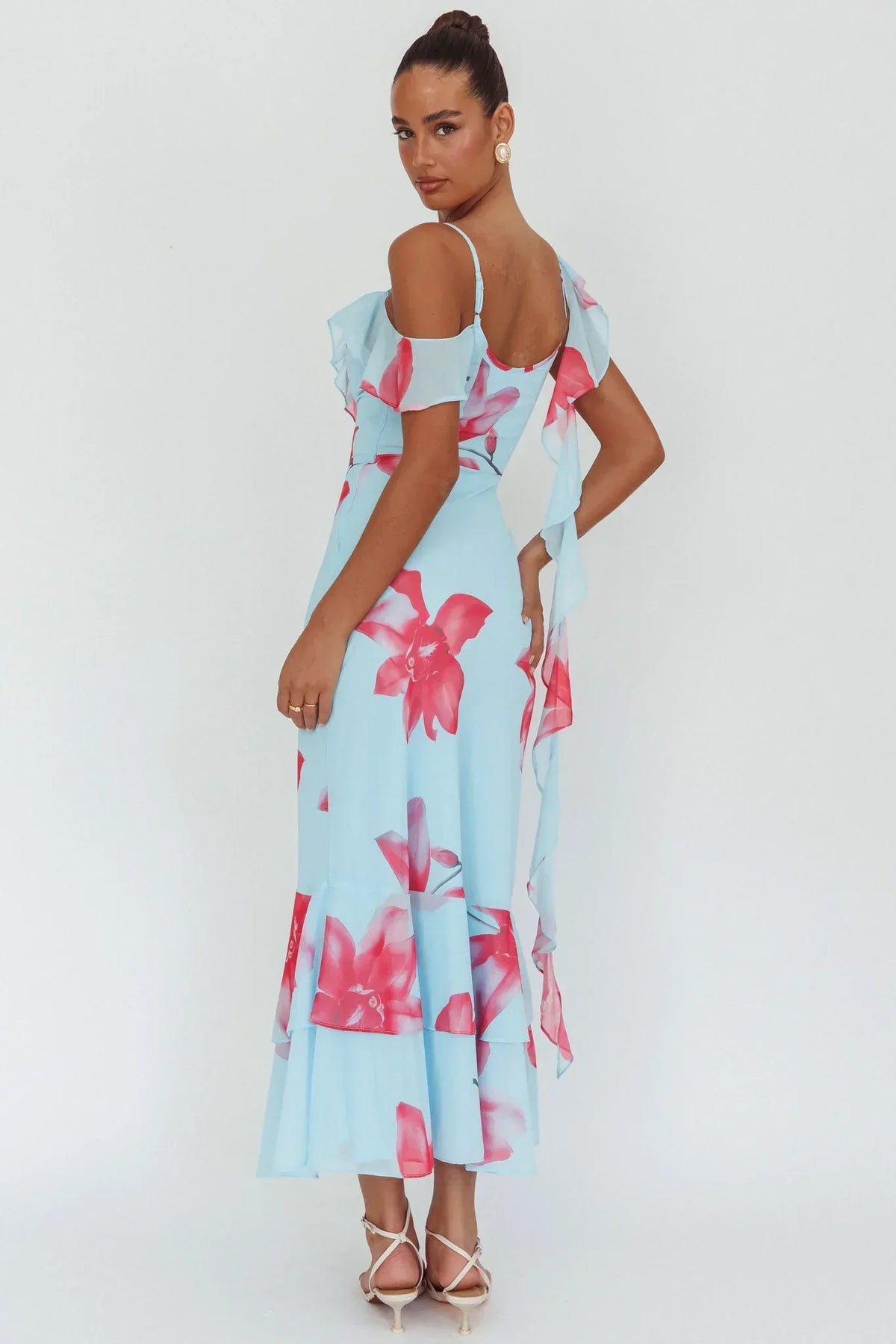 Floral Print Chiffon Ruffle Trim V-Neck Asymmetric Strap Mermaid Maxi Dress 2