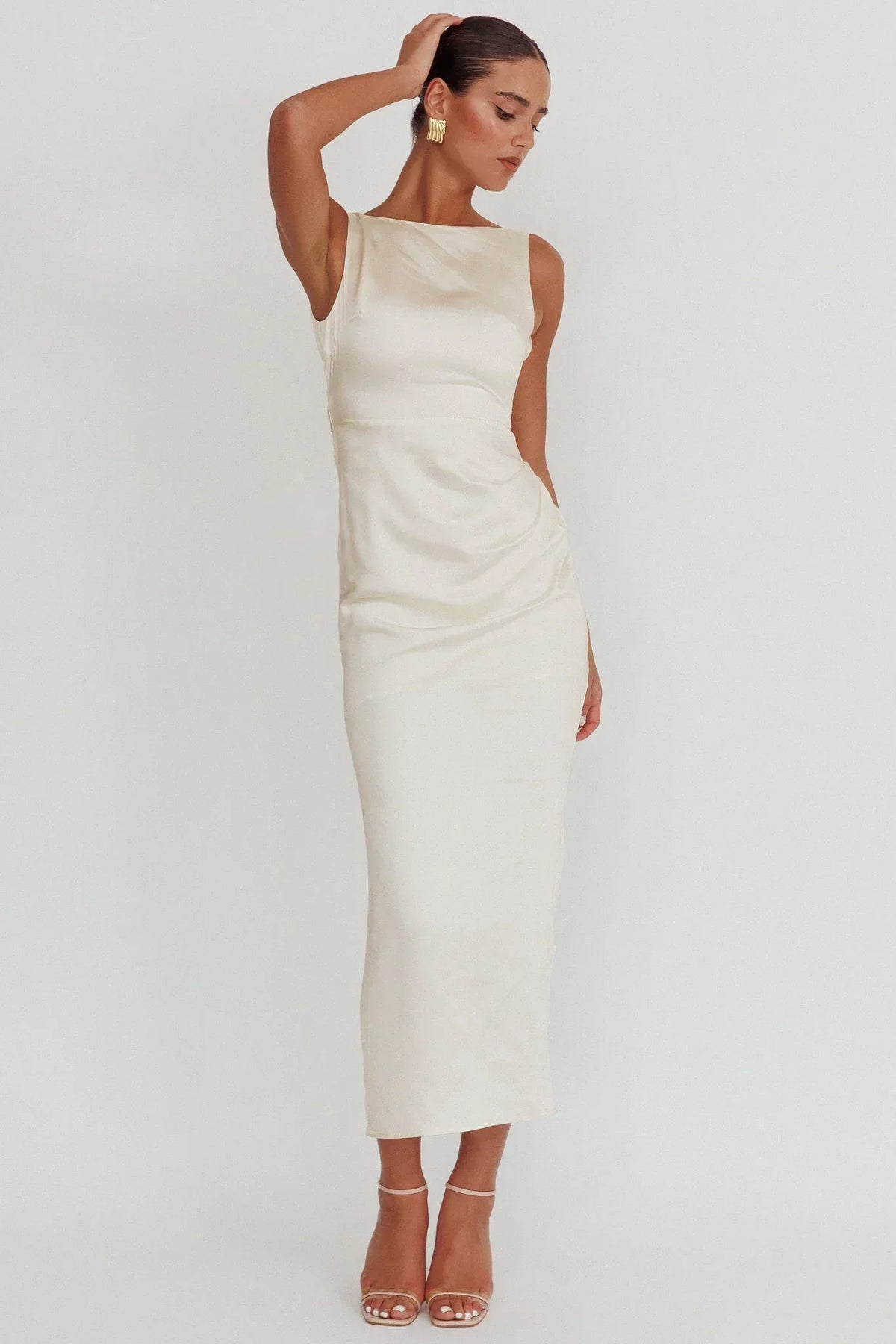 Satin Boat Neck Sleeveless Ruched Waist Column Midi Dress 9