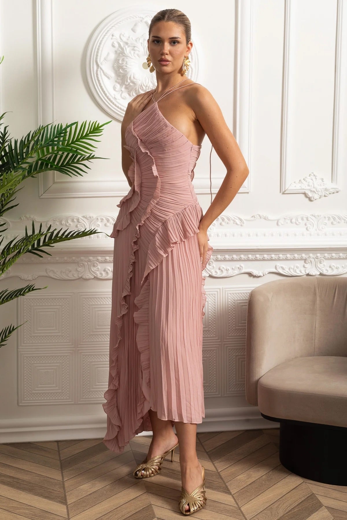 Pleated Halter Neck Rosette Cascading Ruffle Asymmetric Hem Midi Dress 7