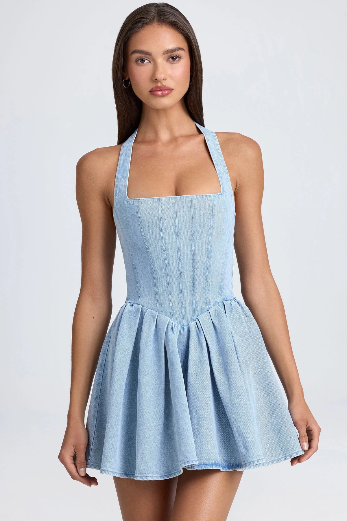 Denim-Look Square Neck Halter Corset Drop Waist Skater Mini Dress 5