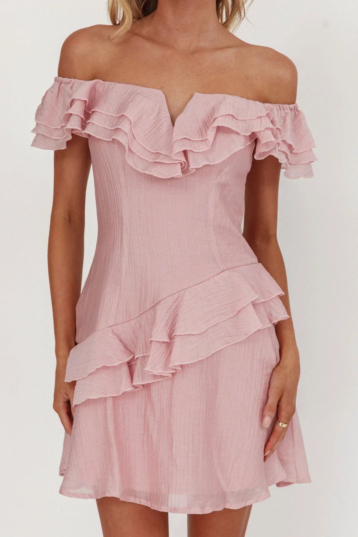 Sinclair Off-Shoulder Ruffle Trim Mini Dress Blush