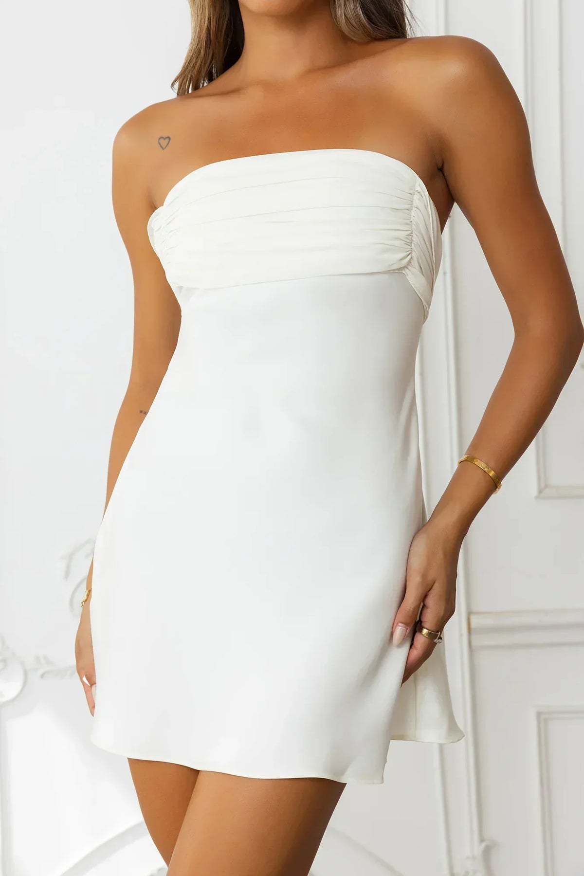 Satin Strapless Ruched Bust A-Line Mini Dress 8