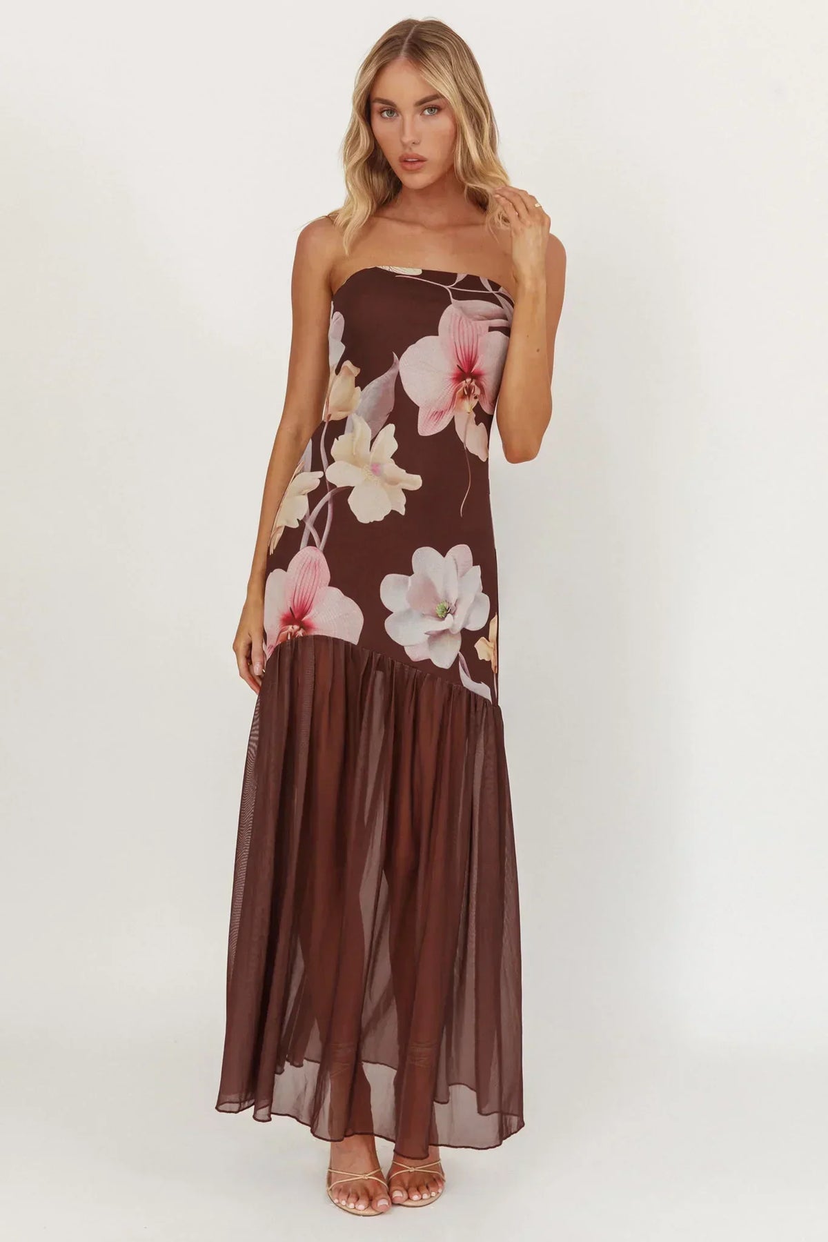 Wilma Sheer Hem Strapless Midi Dress Orchids Brown