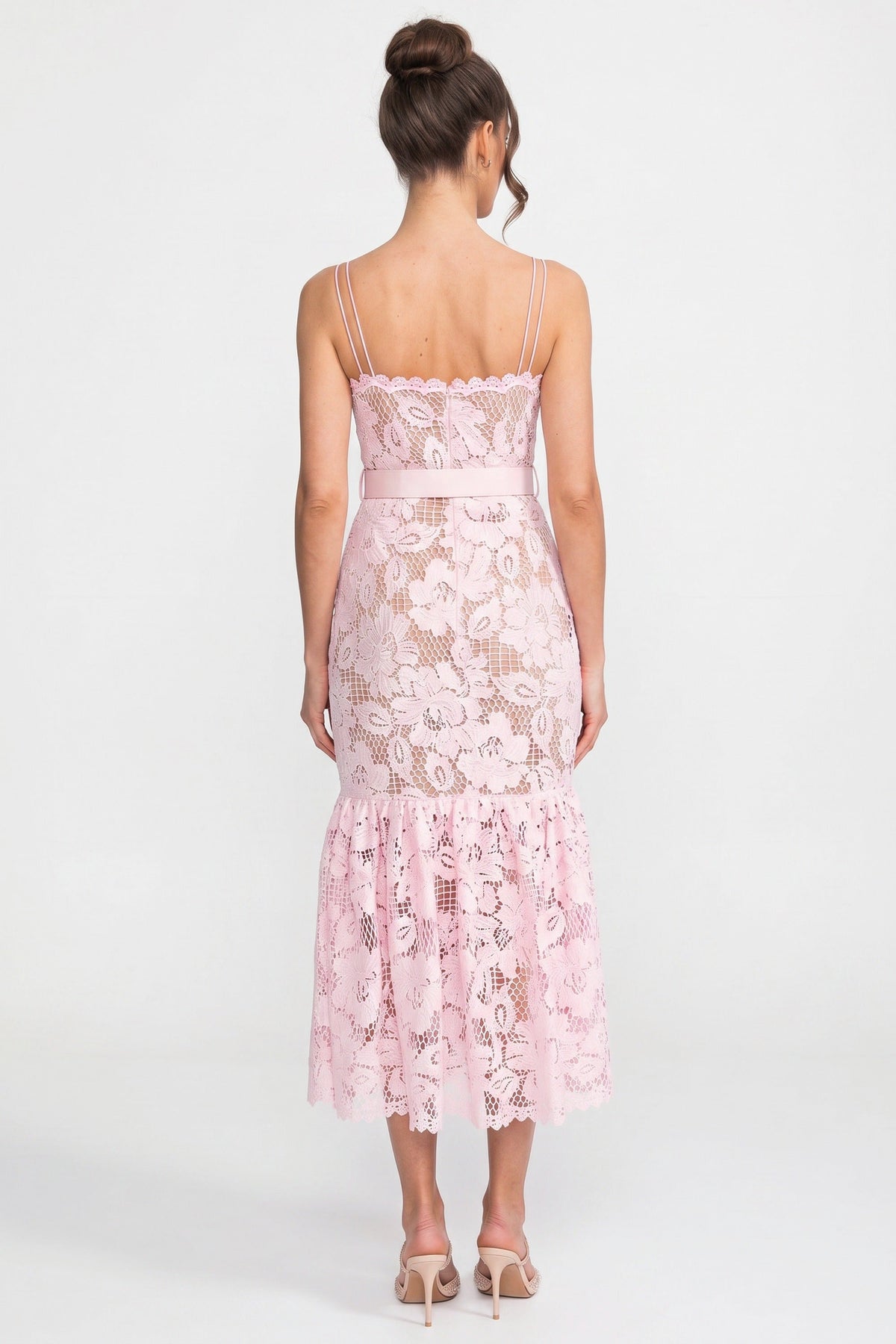 Square Neck Spaghetti Strap Belted Lace Flounce Hem Midi Dress 9