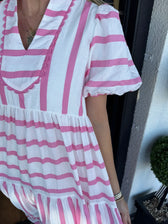 Striped V-Neck Puff Sleeve Tiered Midi Dress 2