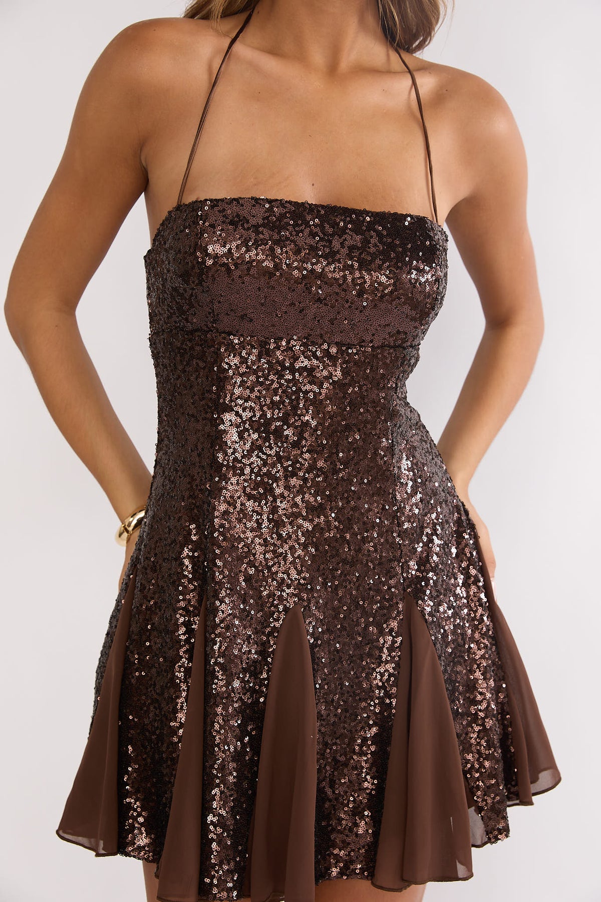 Sequin Halter Neck Straight Neckline Godet Flare Mini Dress 3