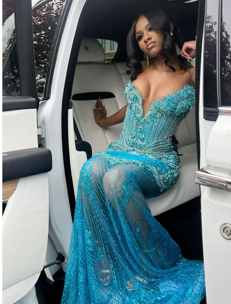 Luxurious Strapless Blue Tulle Sequin Beaded Mermaid Evening Dress Long Party Gown D1036