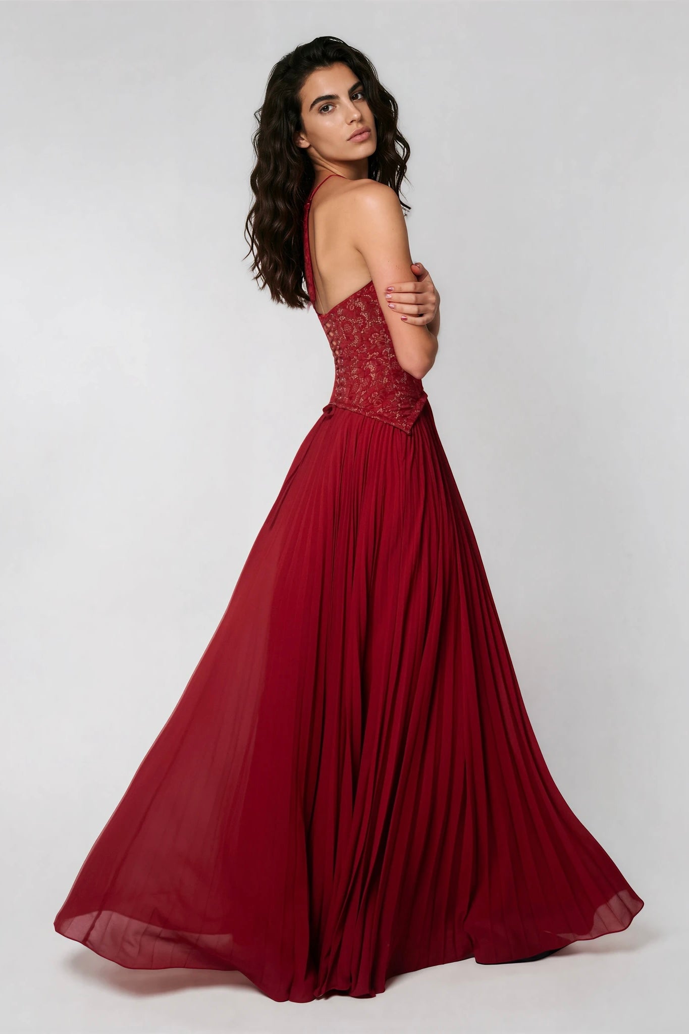 Halter Neck Deep V-Neck Lace Corset Maxi Dress 6