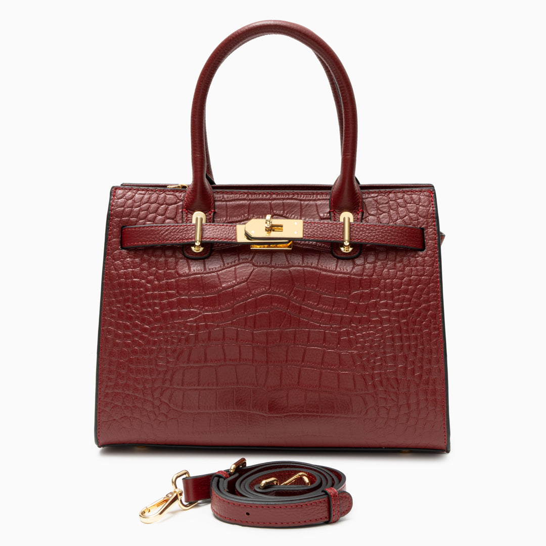 Croc Embossed Top Handle Turn Lock Structured Tote Bag
