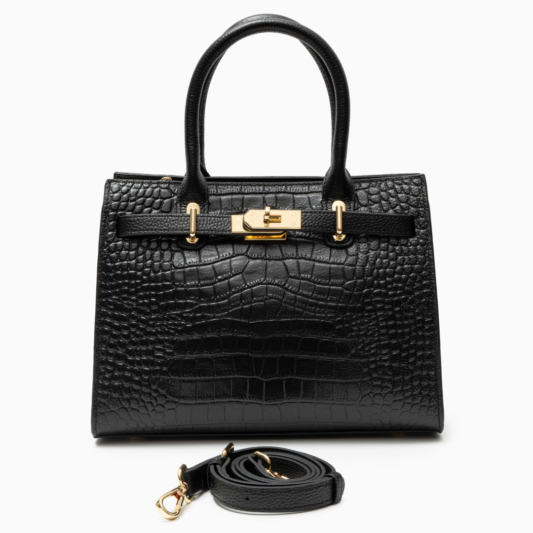 Croc Embossed Top Handle Turn Lock Structured Tote Bag