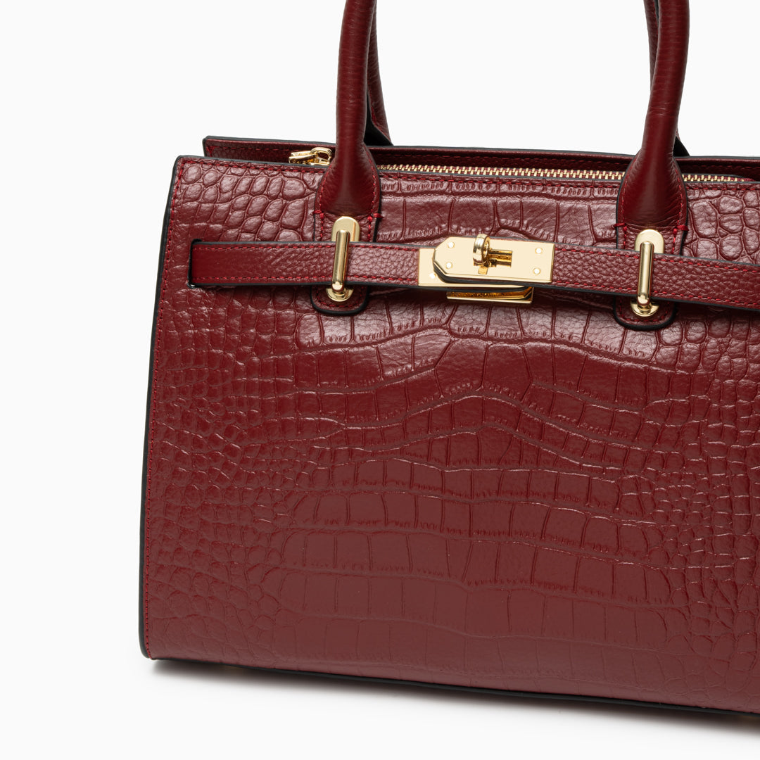 Croc Embossed Top Handle Turn Lock Structured Tote Bag