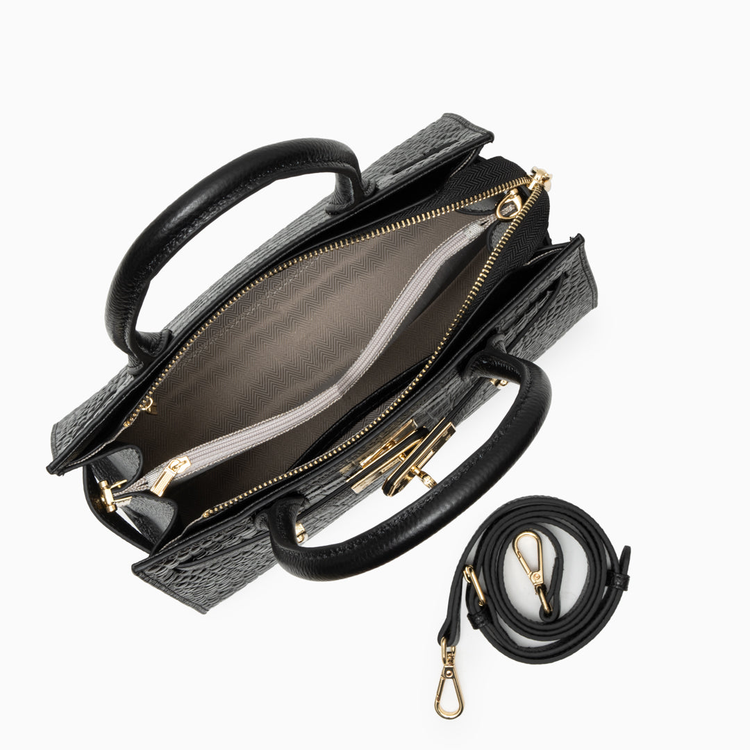 Croc Embossed Top Handle Turn Lock Structured Tote Bag