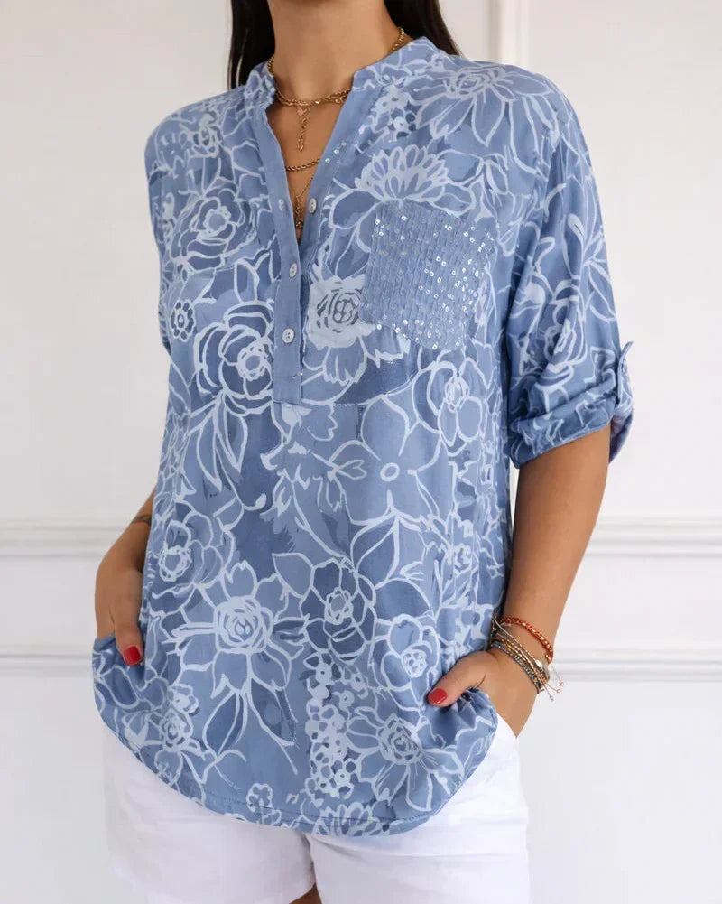 Floral Print Sequin Pocket Half Sleeve Blouse