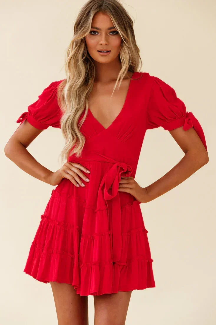 V-Neck Tie Cuff Puff Sleeve Tie Waist Tiered Ruffle Mini Dress 6