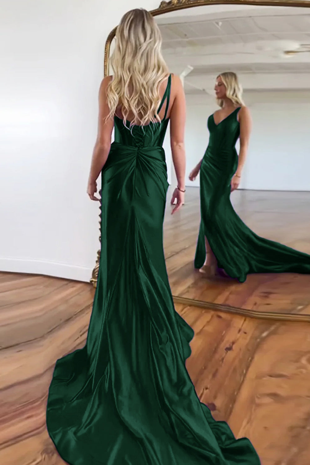 Purple Mermaid V-Neck Zipper Back Satin Long Prom Dress With Split