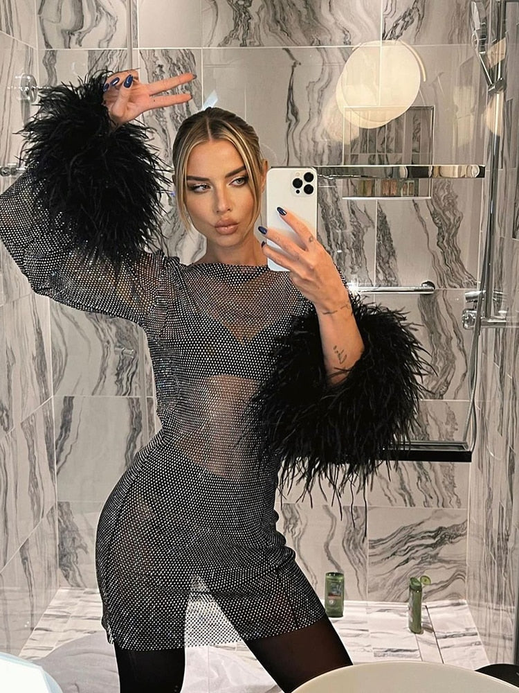 Mila Metallic Sheer Cuff Feather Mini Dress - View 3