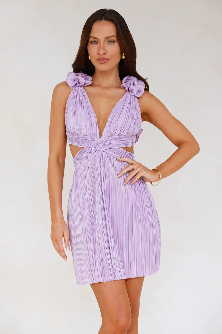 Plisse Rosette Shoulder Plunge V-Neck Twist Waist Cut Out Mini Dress 20