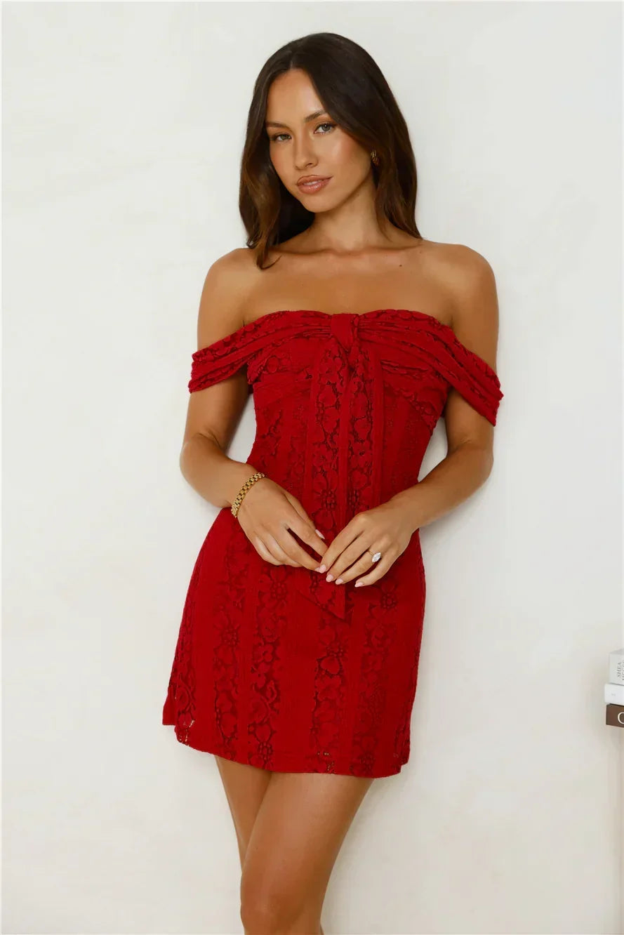 Lace Off Shoulder Tie Front Bodycon Mini Dress 3
