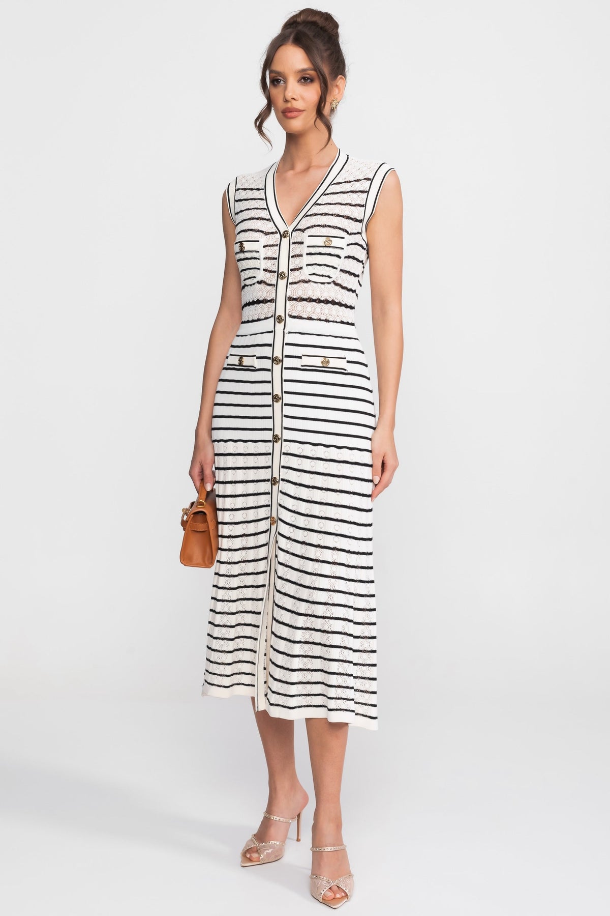 Striped Knit V-Neck Sleeveless Button Front Pocket Midi Dress 3