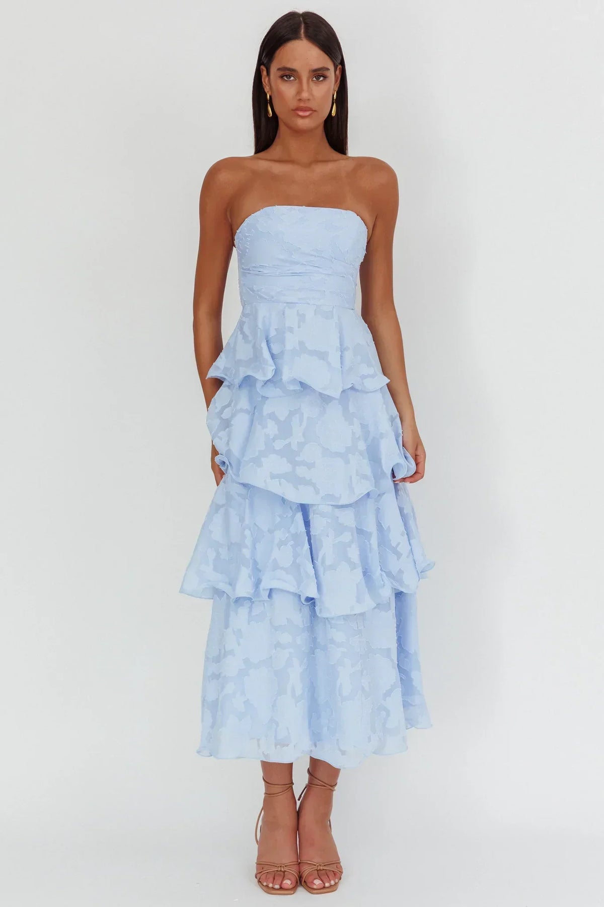 Floral Burnout Strapless Ruched Bodice Tiered Ruffle Midi Dress 5