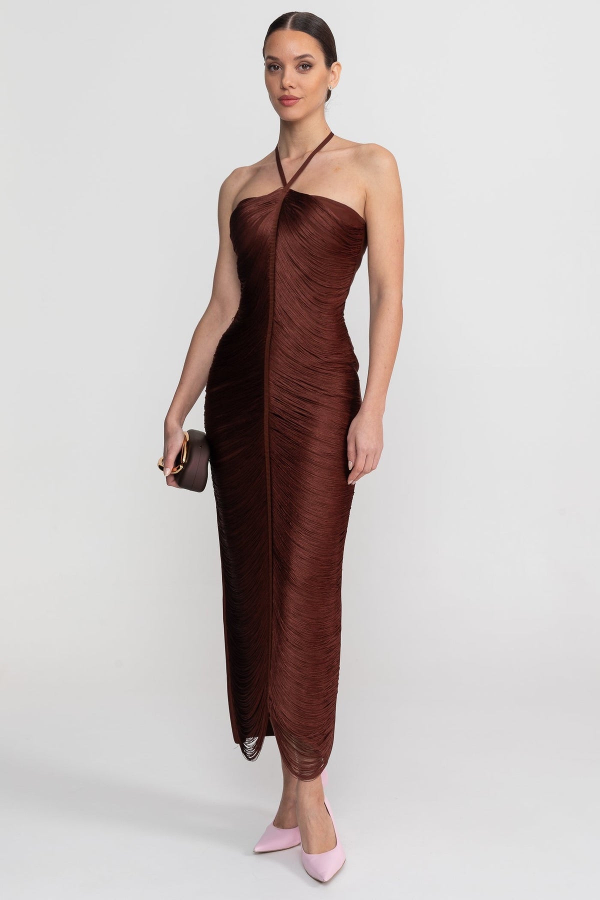 Halter Neck Draped Fringe Strand Bodycon Midi Dress 3
