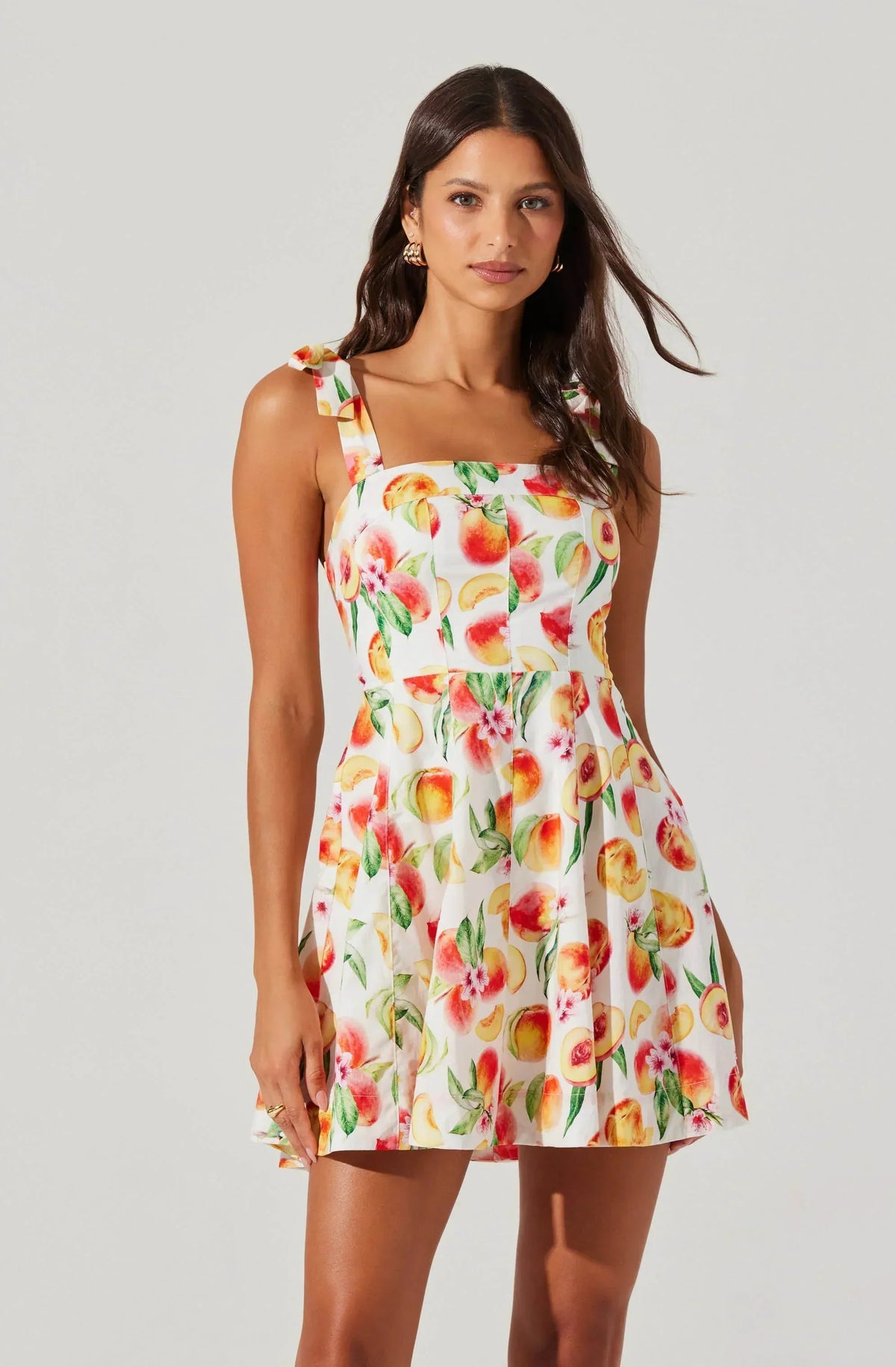 Fruit Print Tie Shoulder Square Neck Fit and Flare Mini Dress