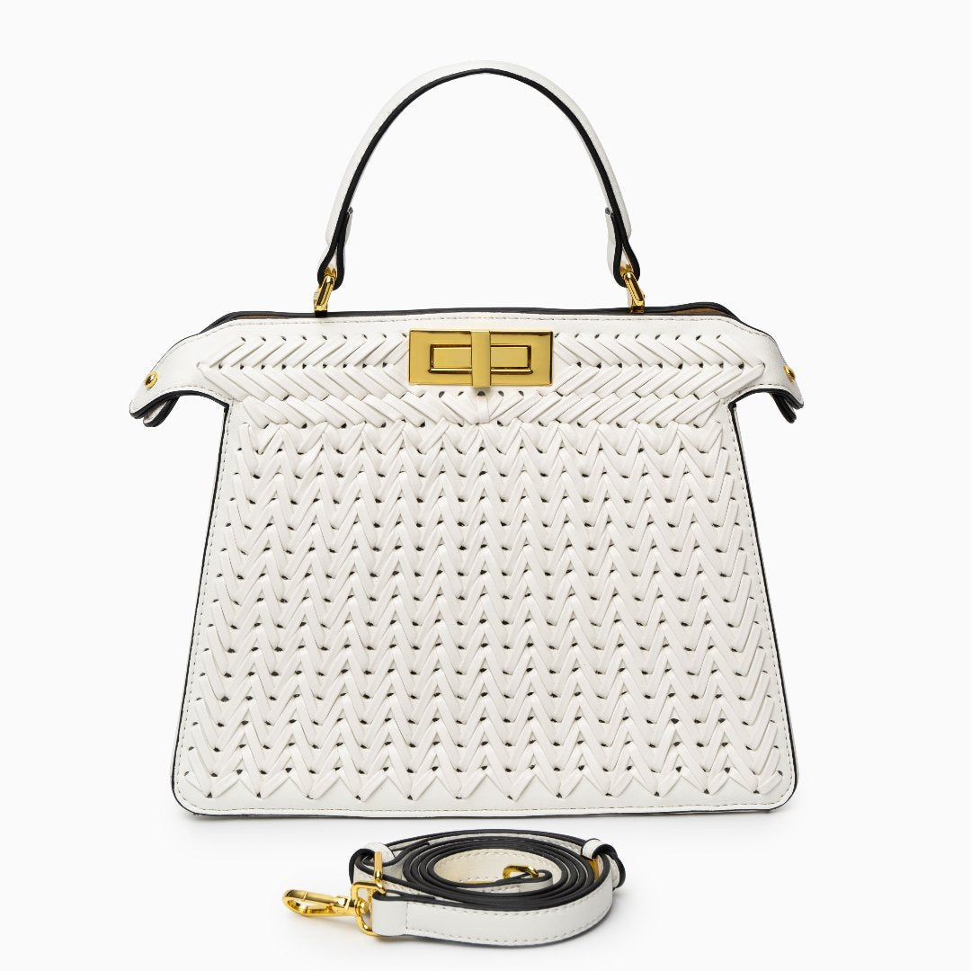 Woven Turn Lock Top Handle Structured Satchel Bag