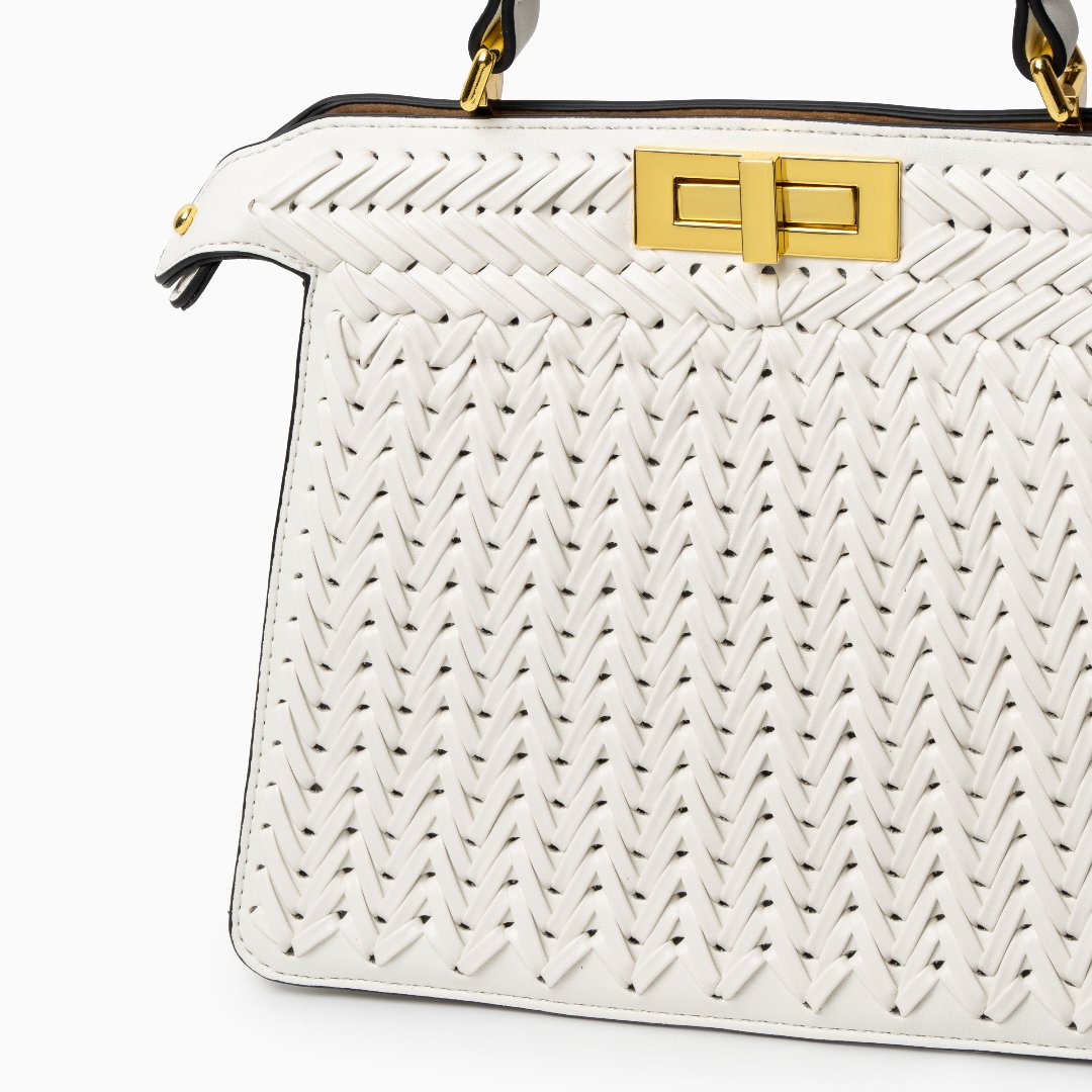 Woven Turn Lock Top Handle Structured Satchel Bag