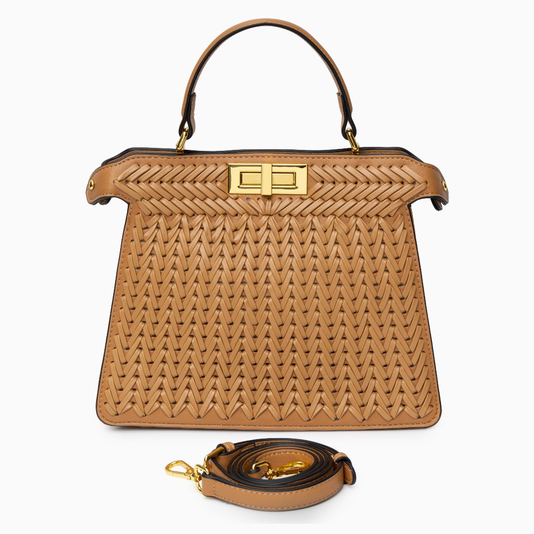 Woven Turn Lock Top Handle Structured Satchel Bag