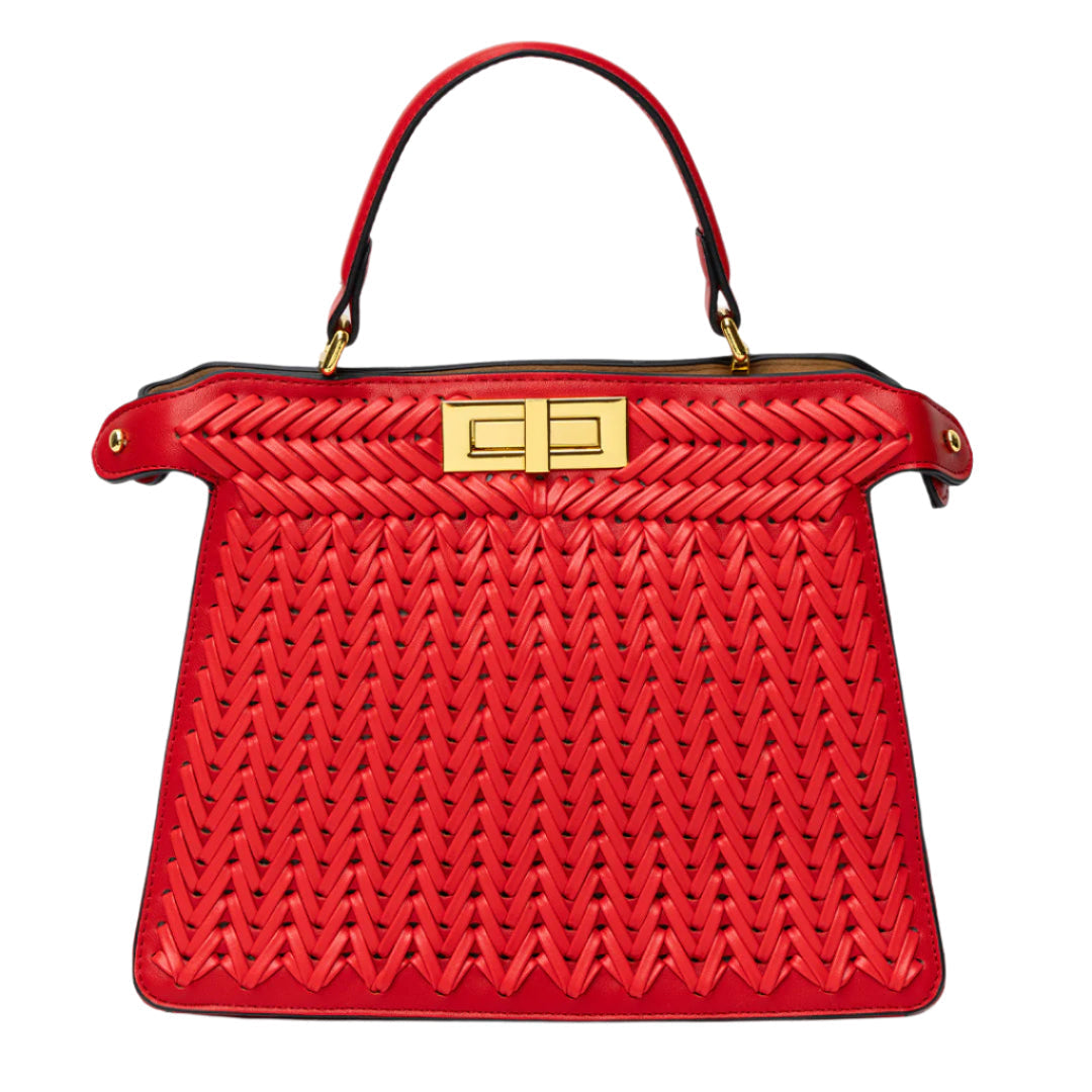 Woven Turn Lock Top Handle Structured Satchel Bag