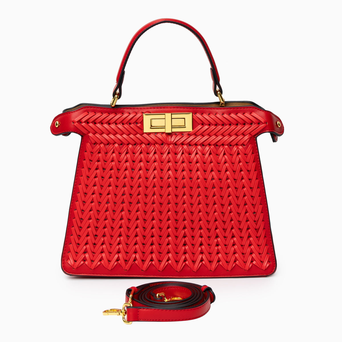 Woven Turn Lock Top Handle Structured Satchel Bag