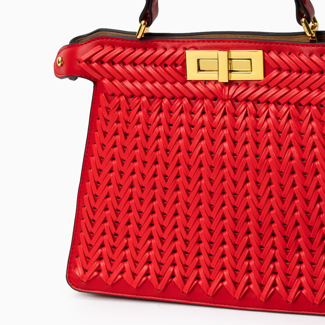 Woven Turn Lock Top Handle Structured Satchel Bag