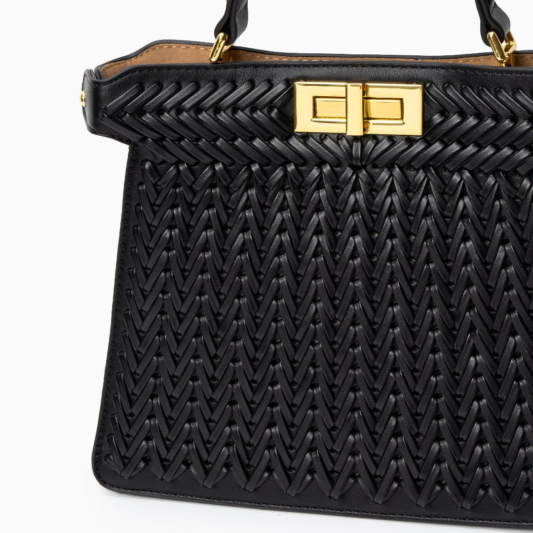 Woven Turn Lock Top Handle Structured Satchel Bag