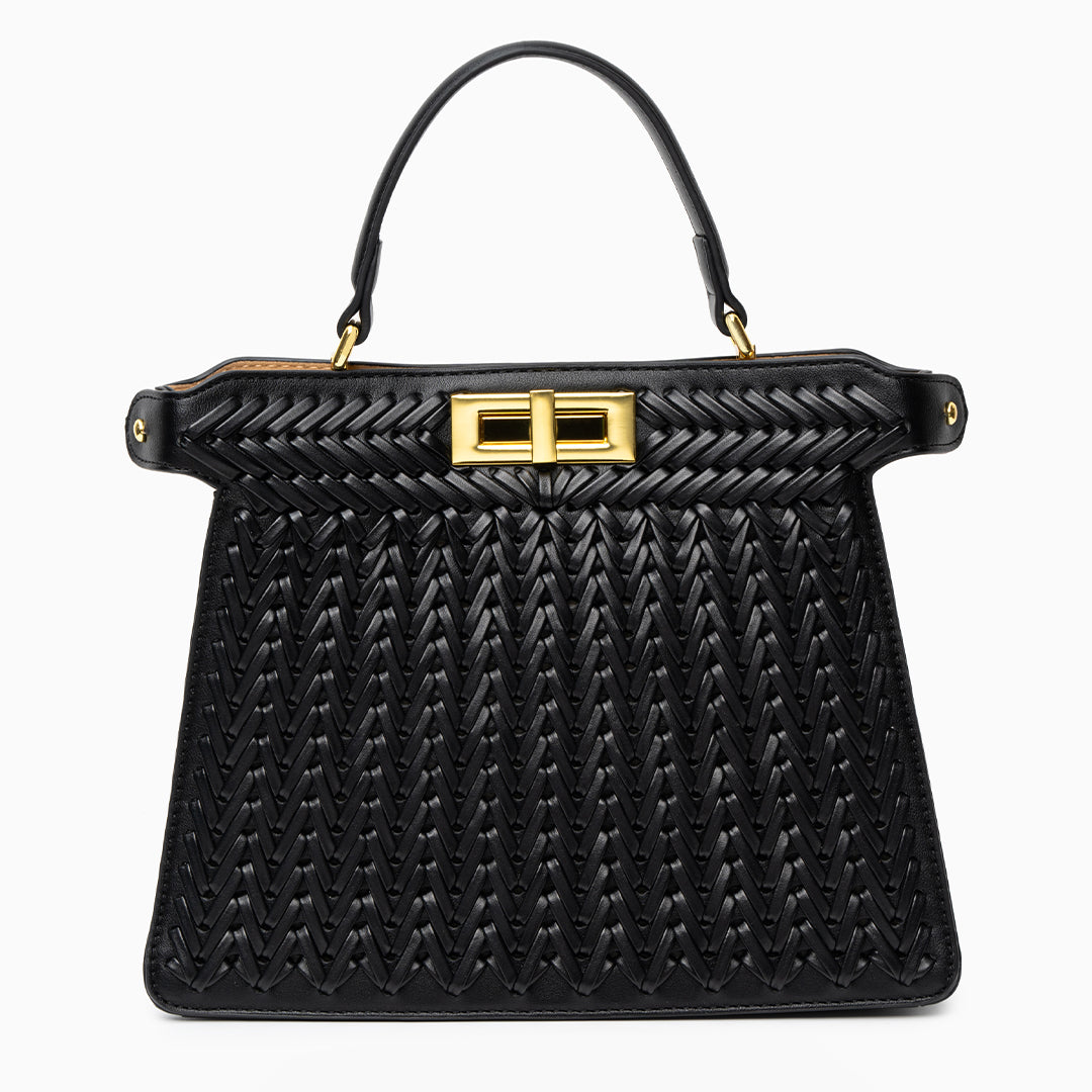 Woven Turn Lock Top Handle Structured Satchel Bag