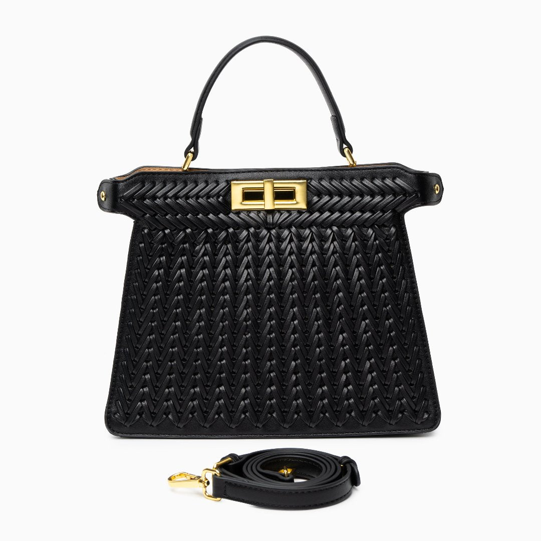 Woven Turn Lock Top Handle Structured Satchel Bag