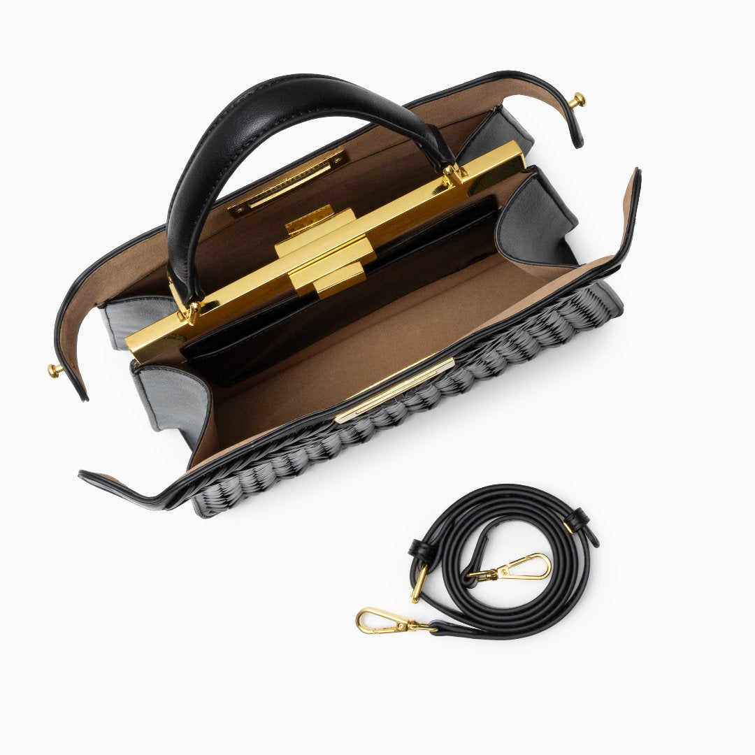 Woven Turn Lock Top Handle Structured Satchel Bag