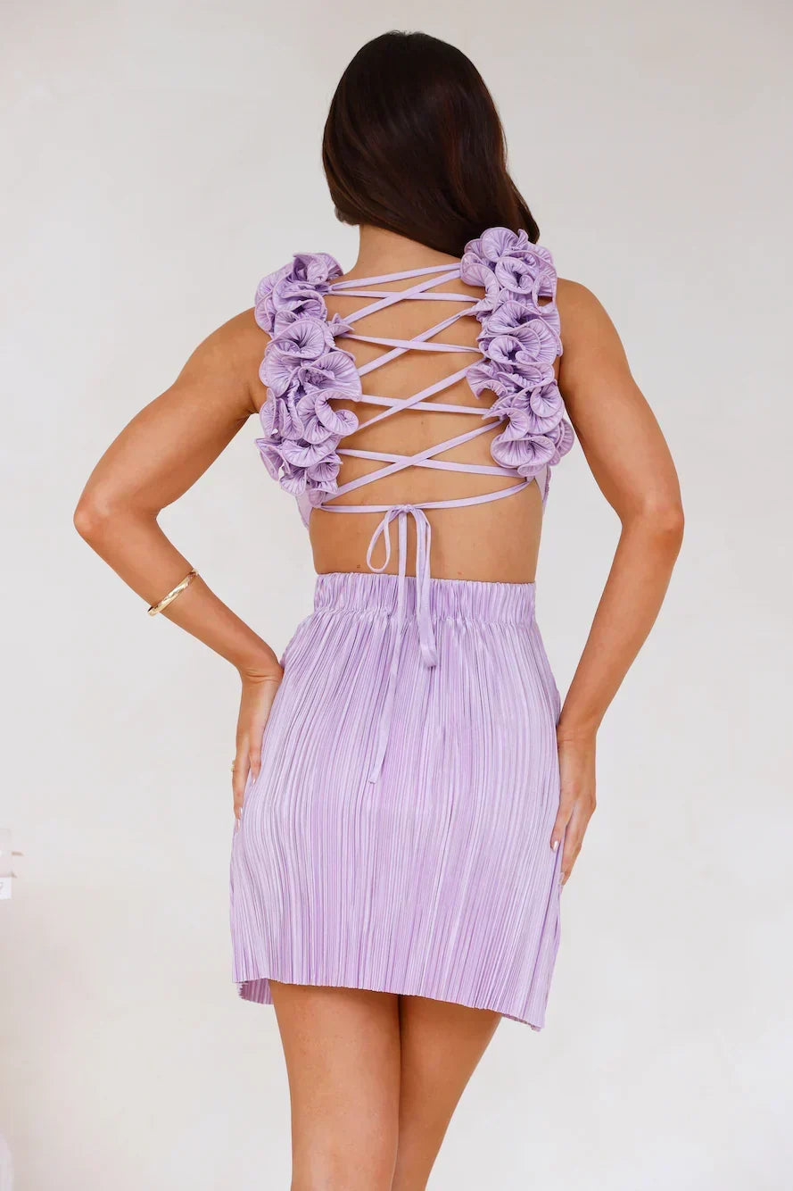 Plisse Rosette Shoulder Plunge V-Neck Twist Waist Cut Out Mini Dress 3