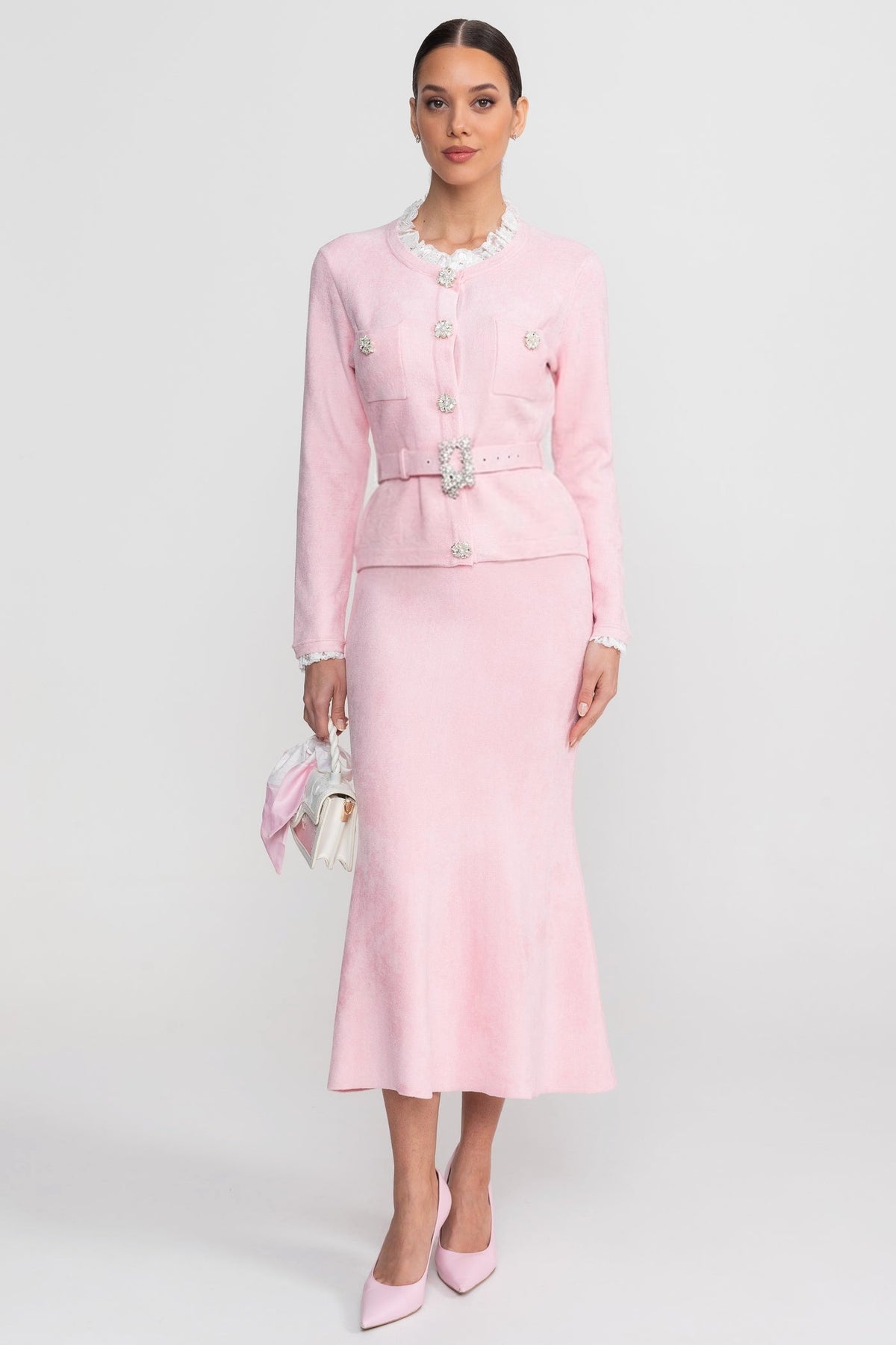 Crystal Button Belted Knit Cardigan and Flared Midi Skirt Two Piece Set