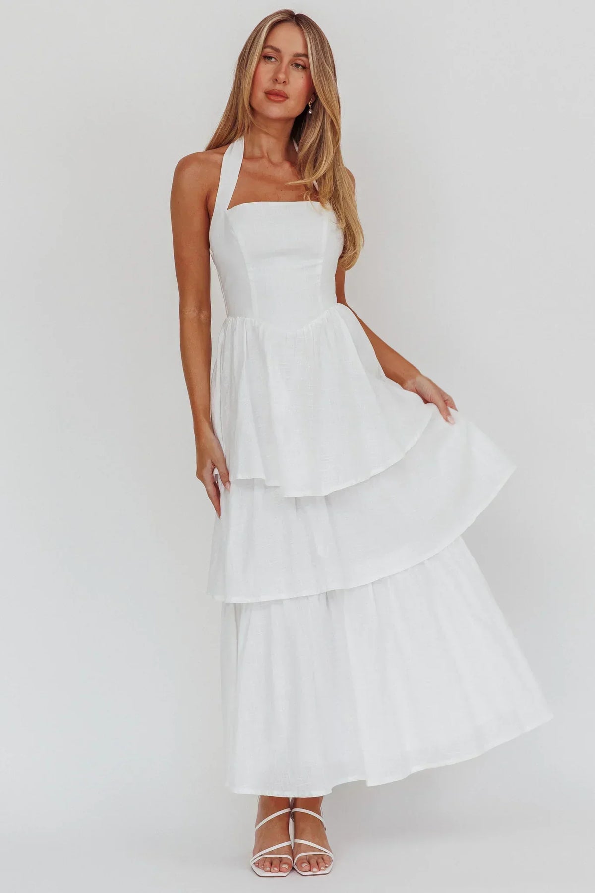 Halter Neck Square Neckline Basque Waist Tiered Ruffle Maxi Dress 5