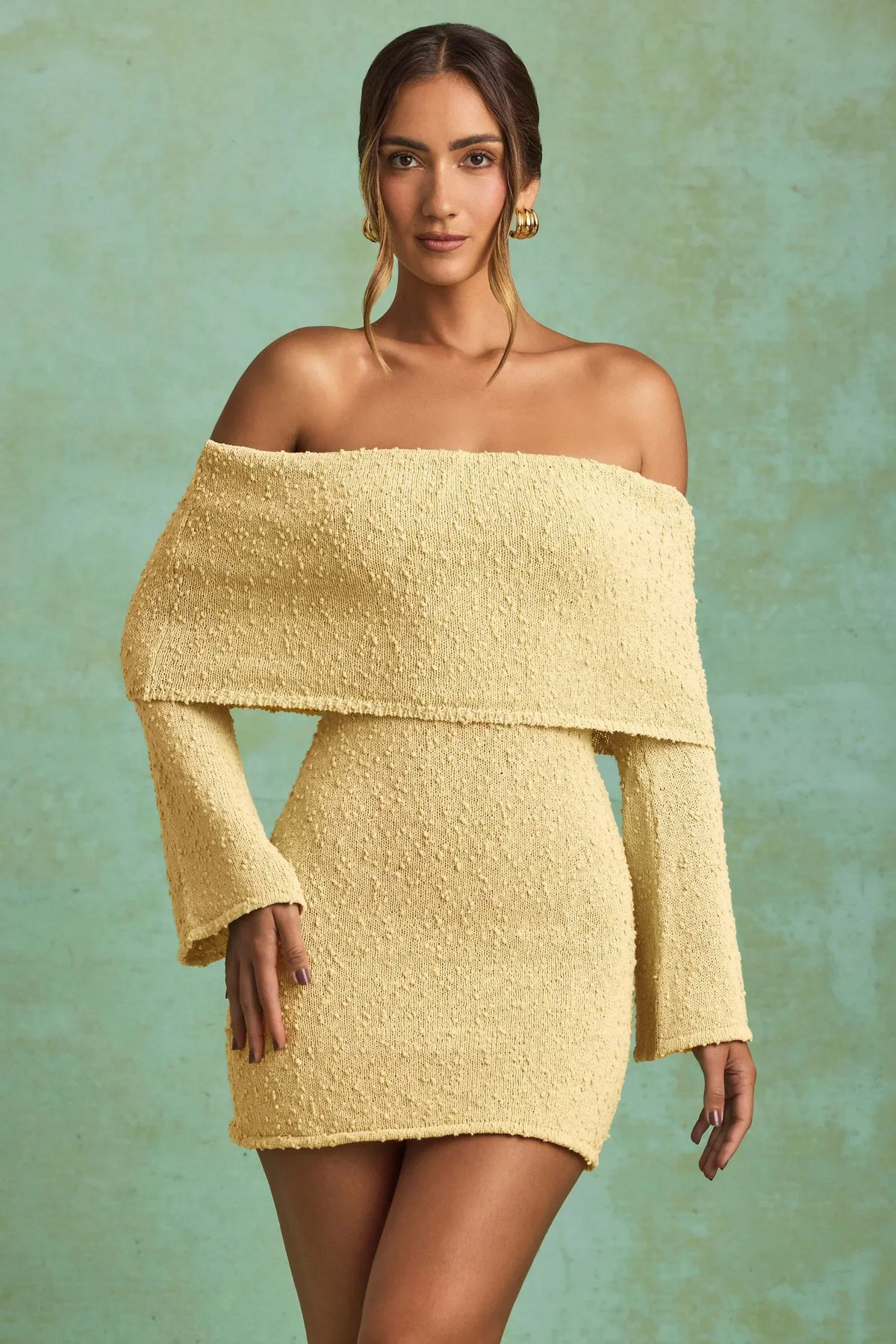 Bouclé Off-Shoulder Mini Dress in Yellow