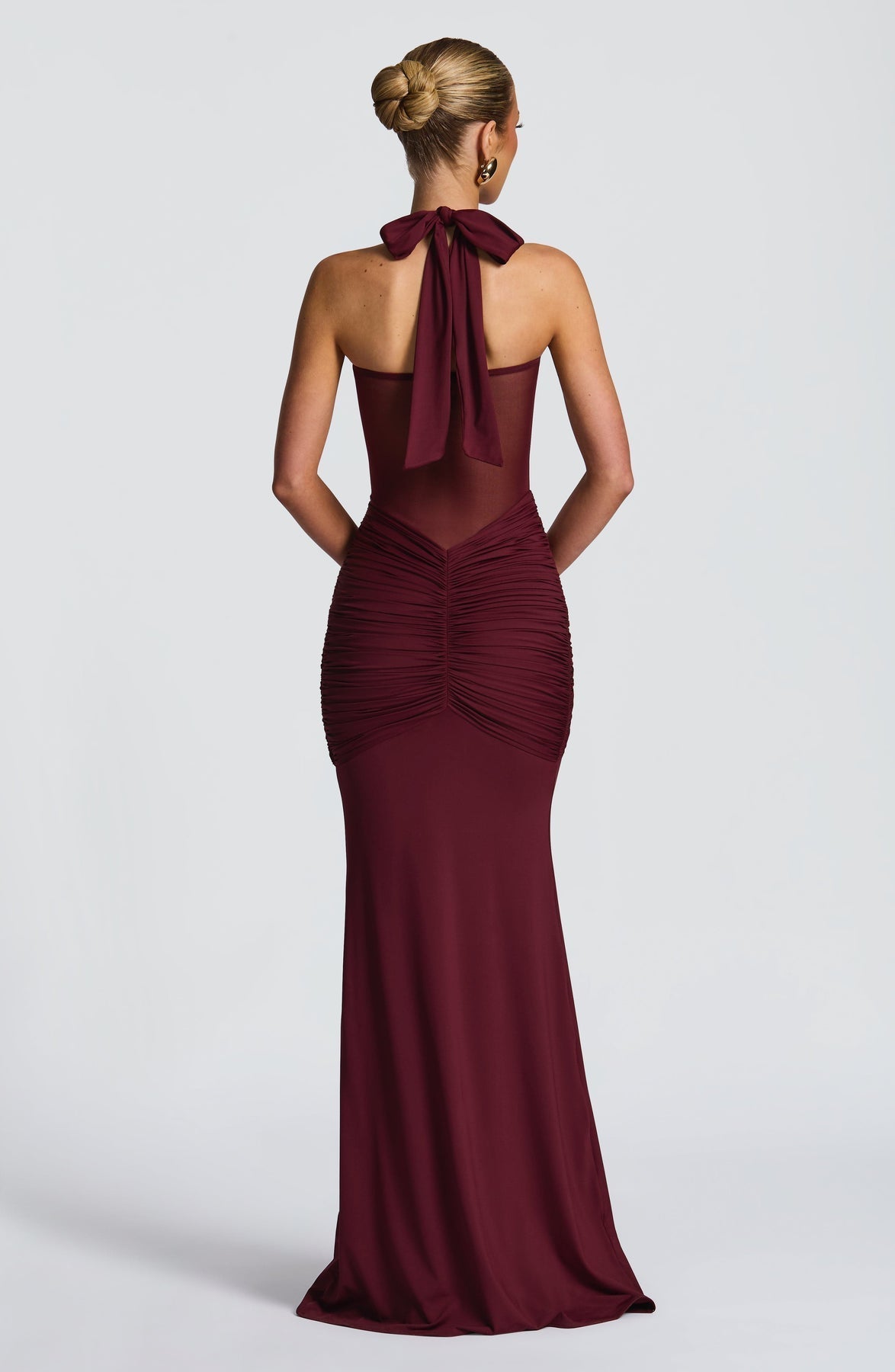 Halter Neck Twist Bust Sheer Mesh Ruched Drape Maxi Gown 7