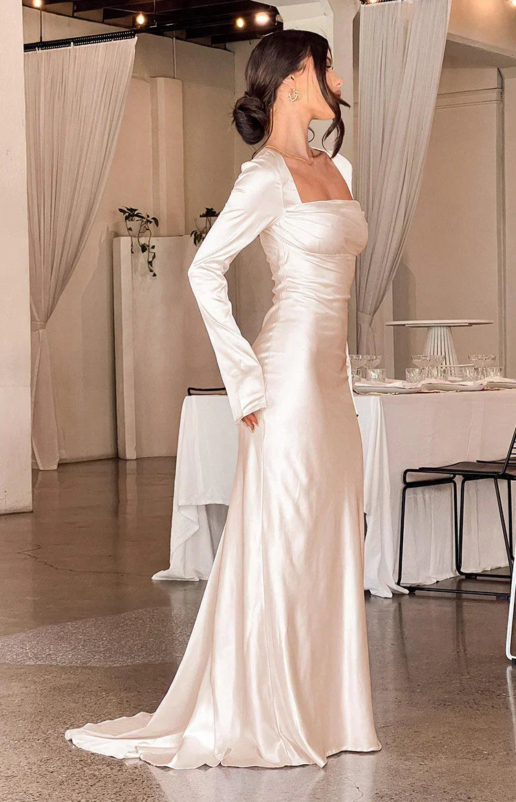 Satin Square Neck Long Sleeve Mermaid Maxi Gown with Train