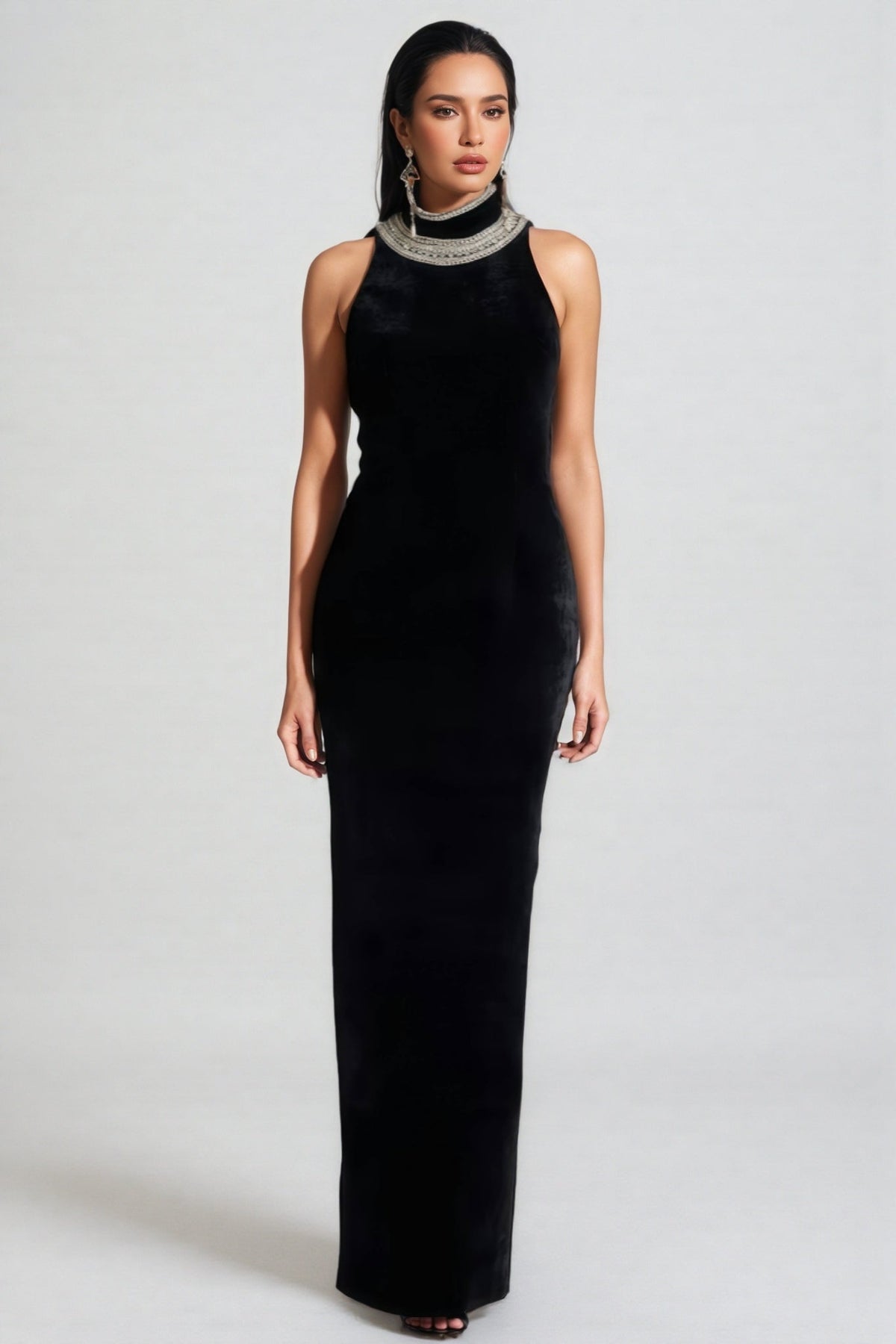 Velvet Halter Neck Beaded Collar Sleeveless Column Maxi Dress