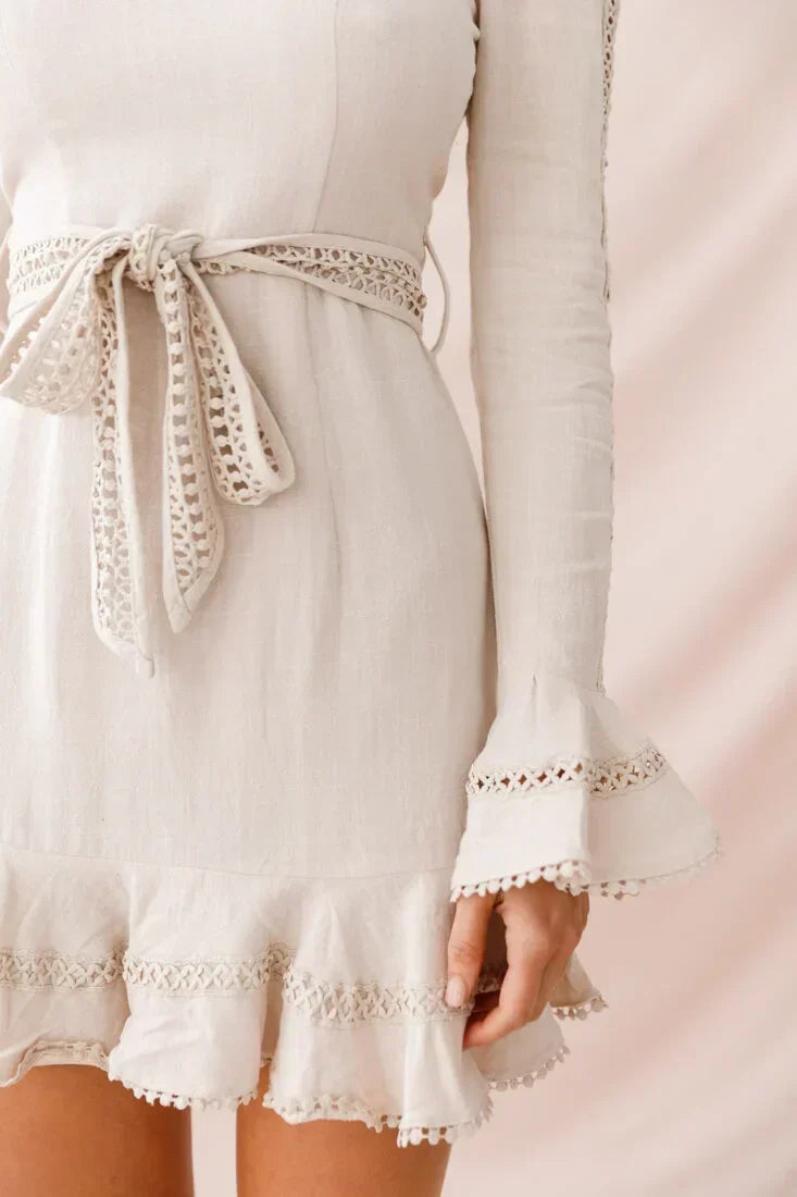 Lace Trim Crew Neck Bell Sleeve Tie Waist Ruffle Hem Mini Dress 6