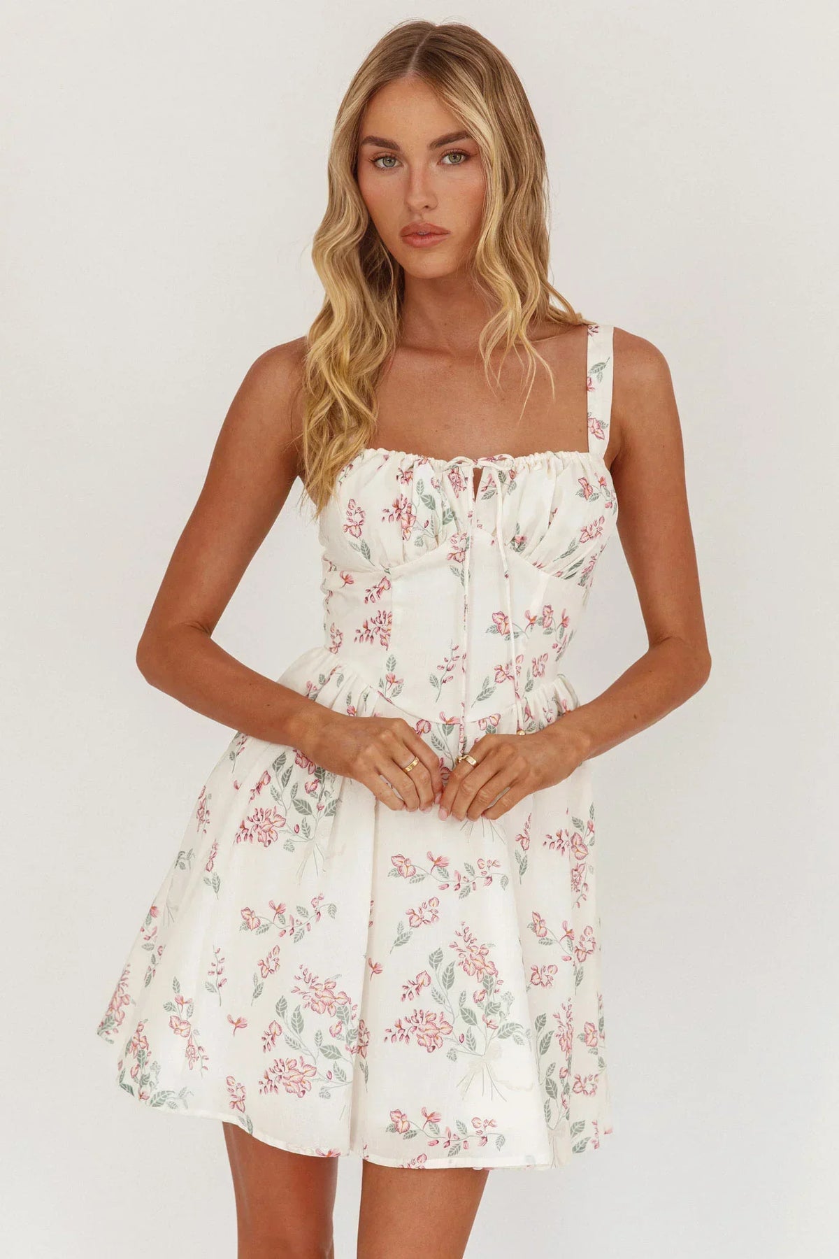 Floral Tie Bust Square Neck Bustier Fit and Flare Mini Dress