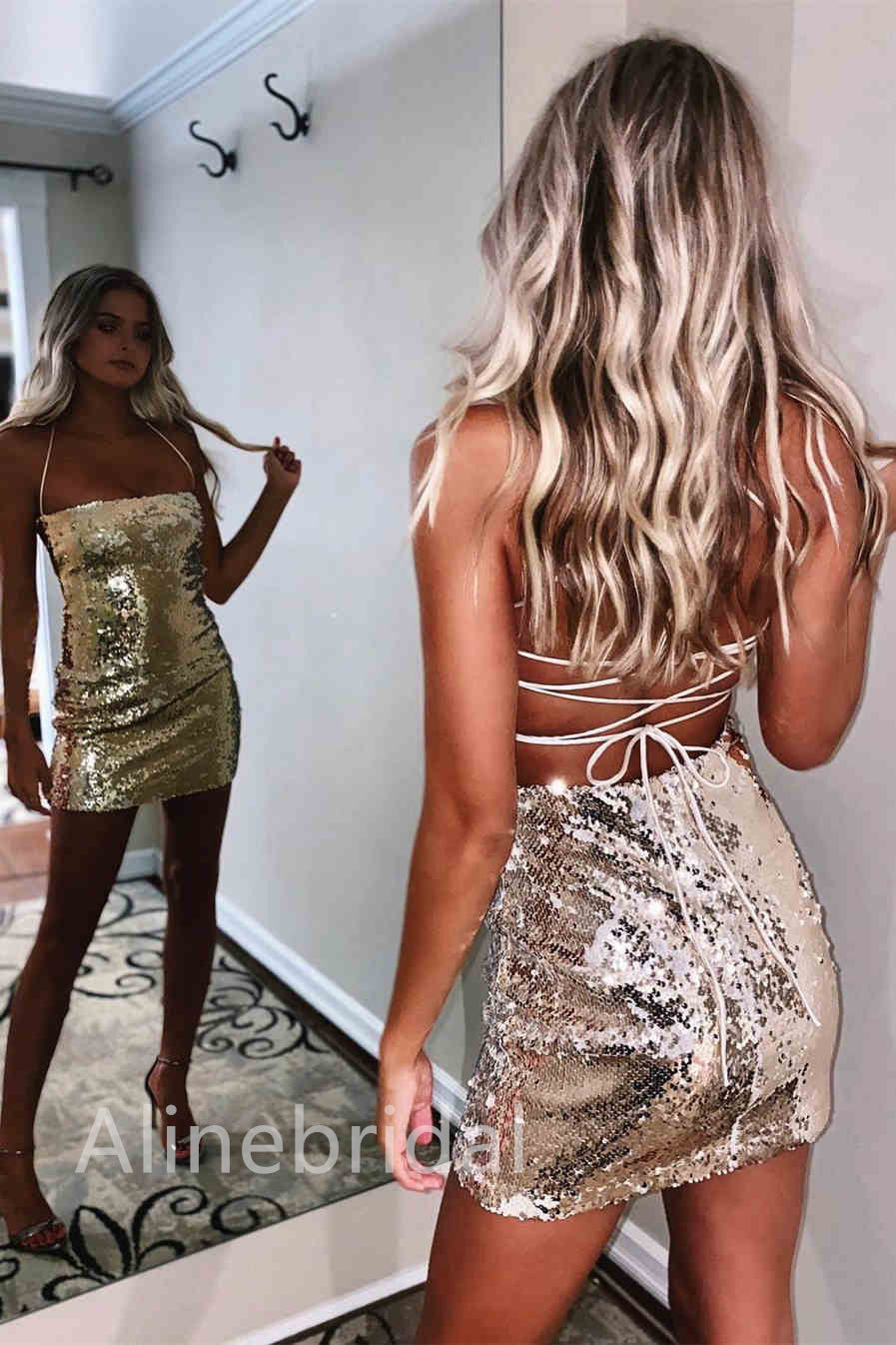 Sequin Scoop Neck Spaghetti Strap Sheath Homecoming Mini Dress 2