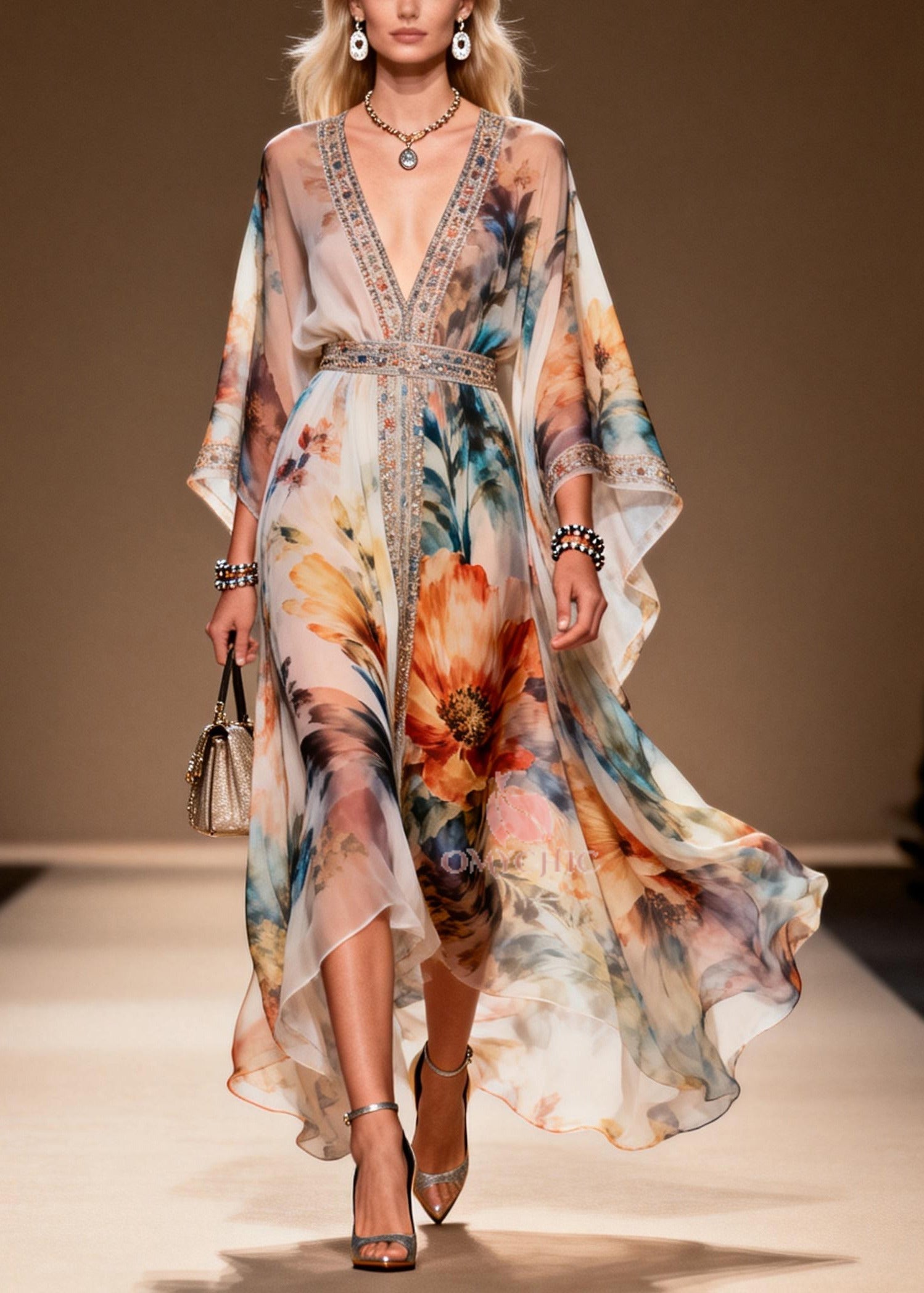 Floral Print Rhinestone Trim Deep V-Neck Belted Kimono Sleeve Chiffon Maxi Gown