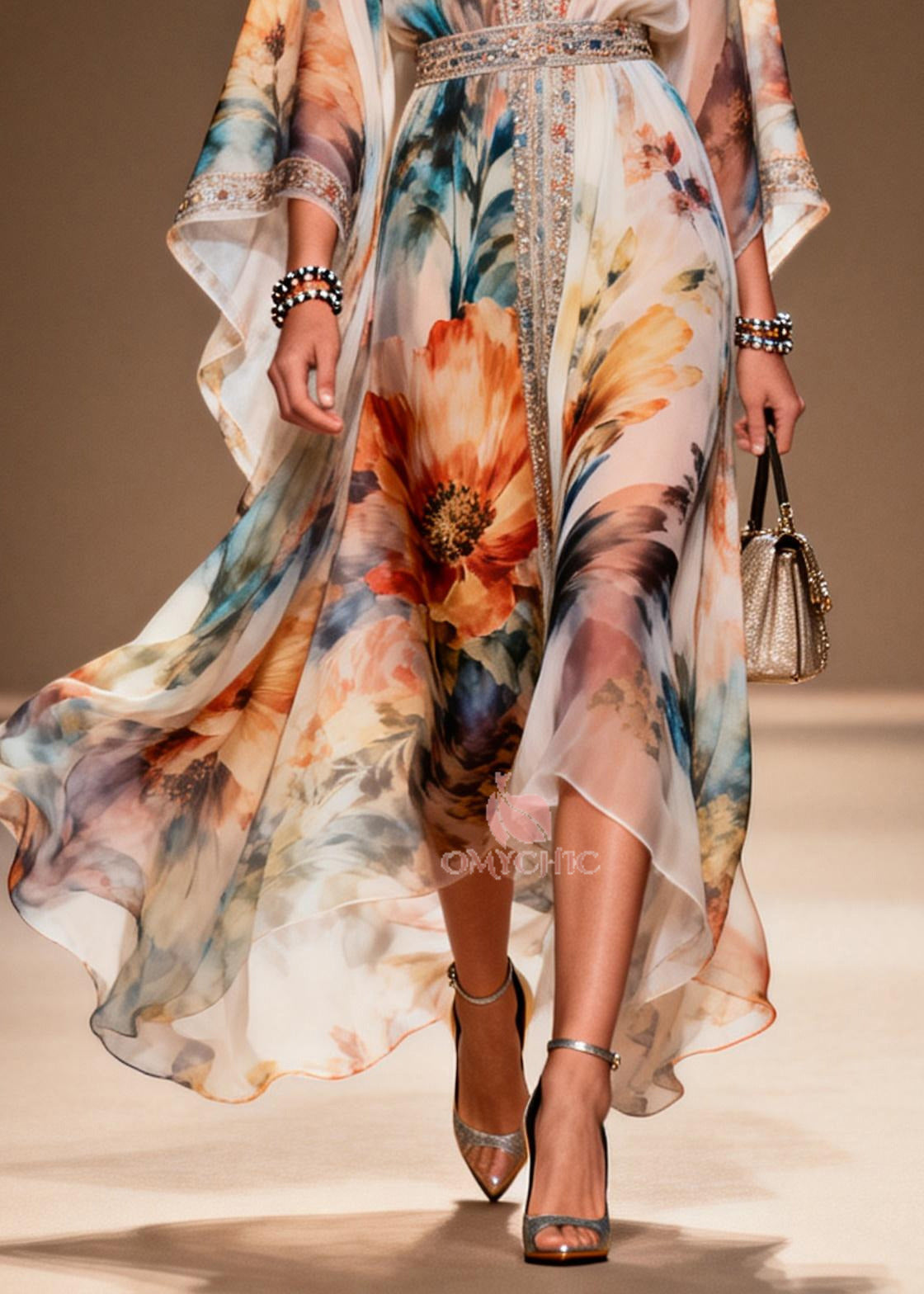 Floral Print Rhinestone Trim Deep V-Neck Belted Kimono Sleeve Chiffon Maxi Gown