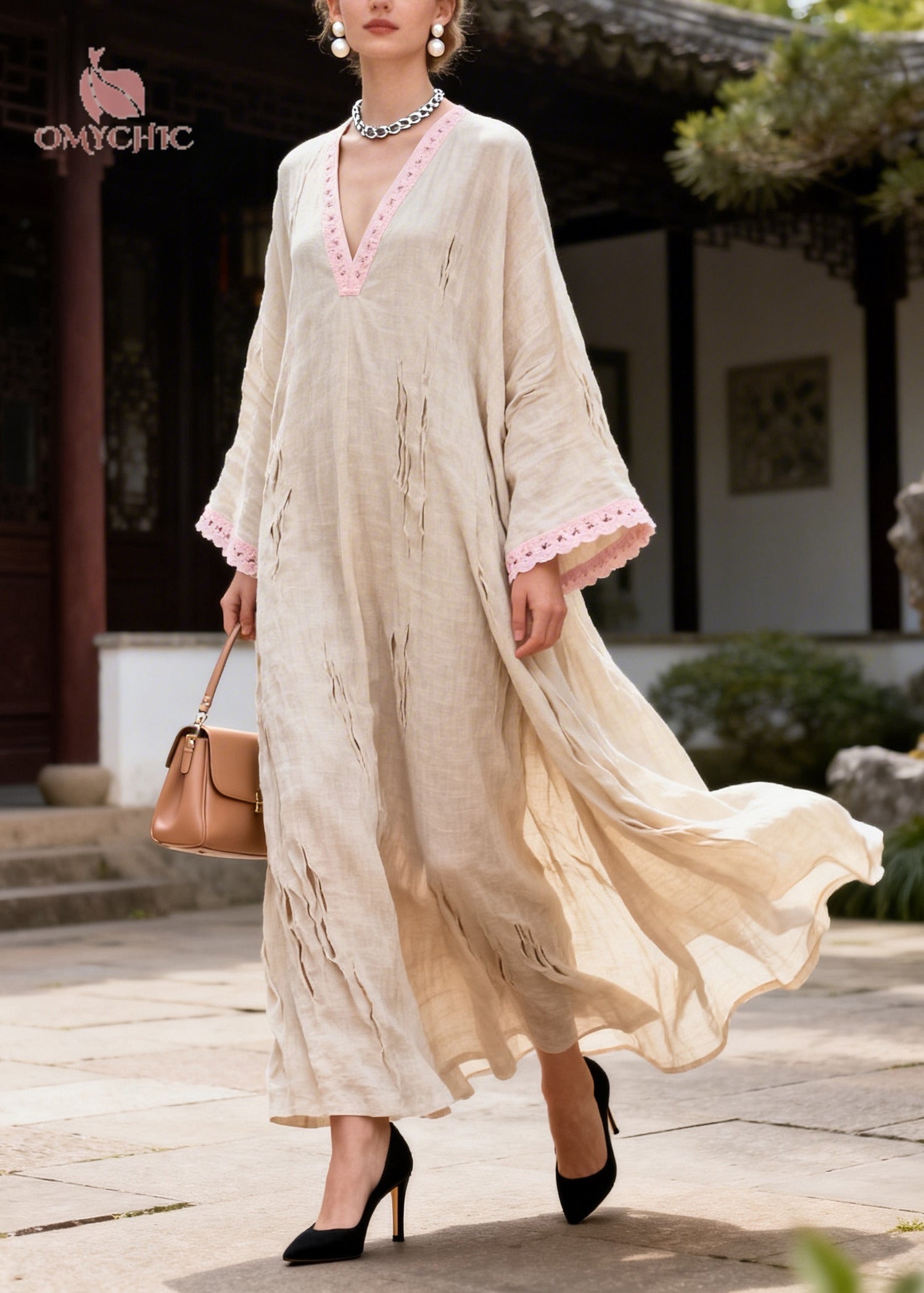 DIY Beige Oversized Patchwork Lace Ripped Maxi Dress - View 3