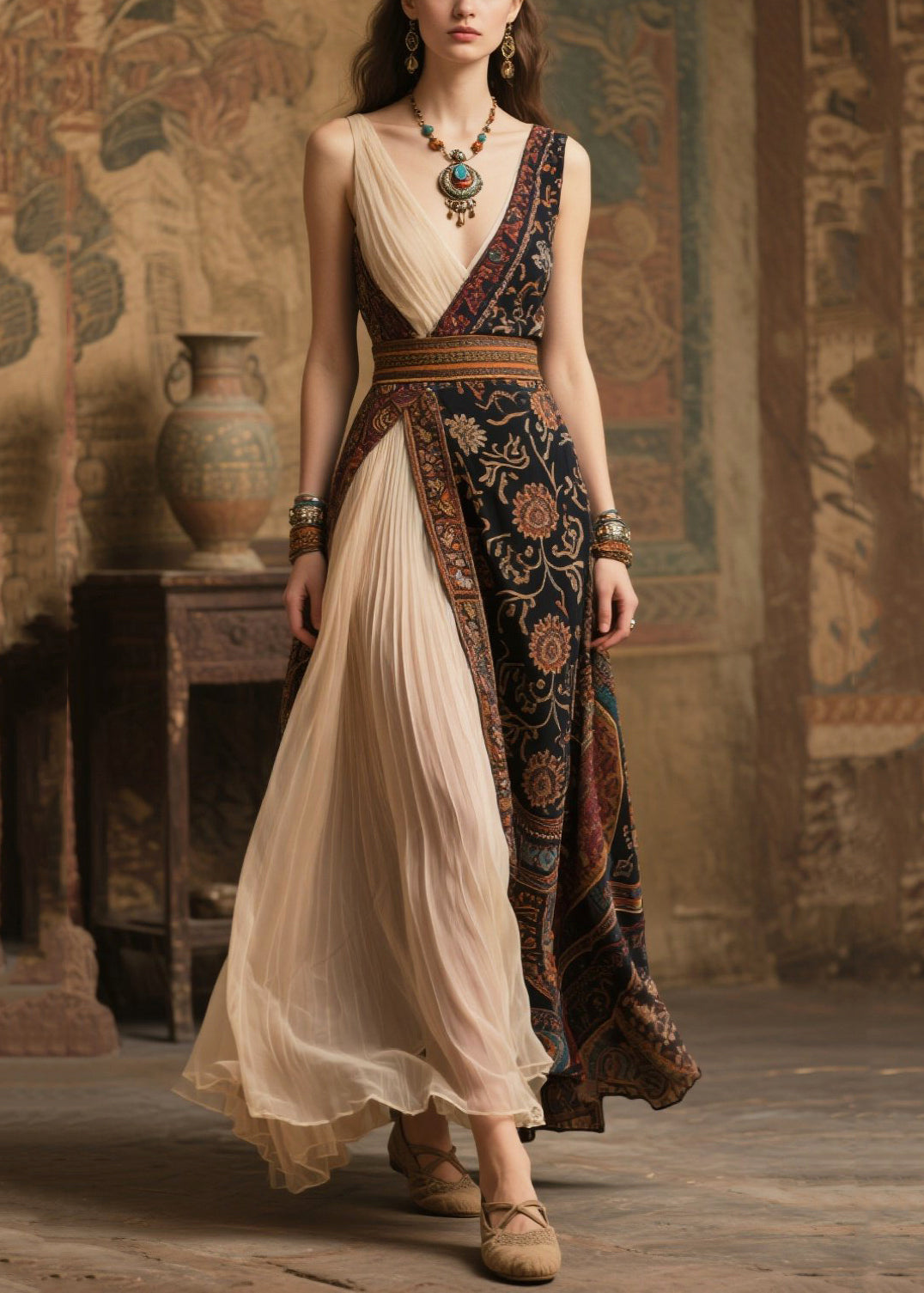 Ethnic Print Patchwork Deep V-Neck Pleated Chiffon Panel Asymmetric Maxi Gown